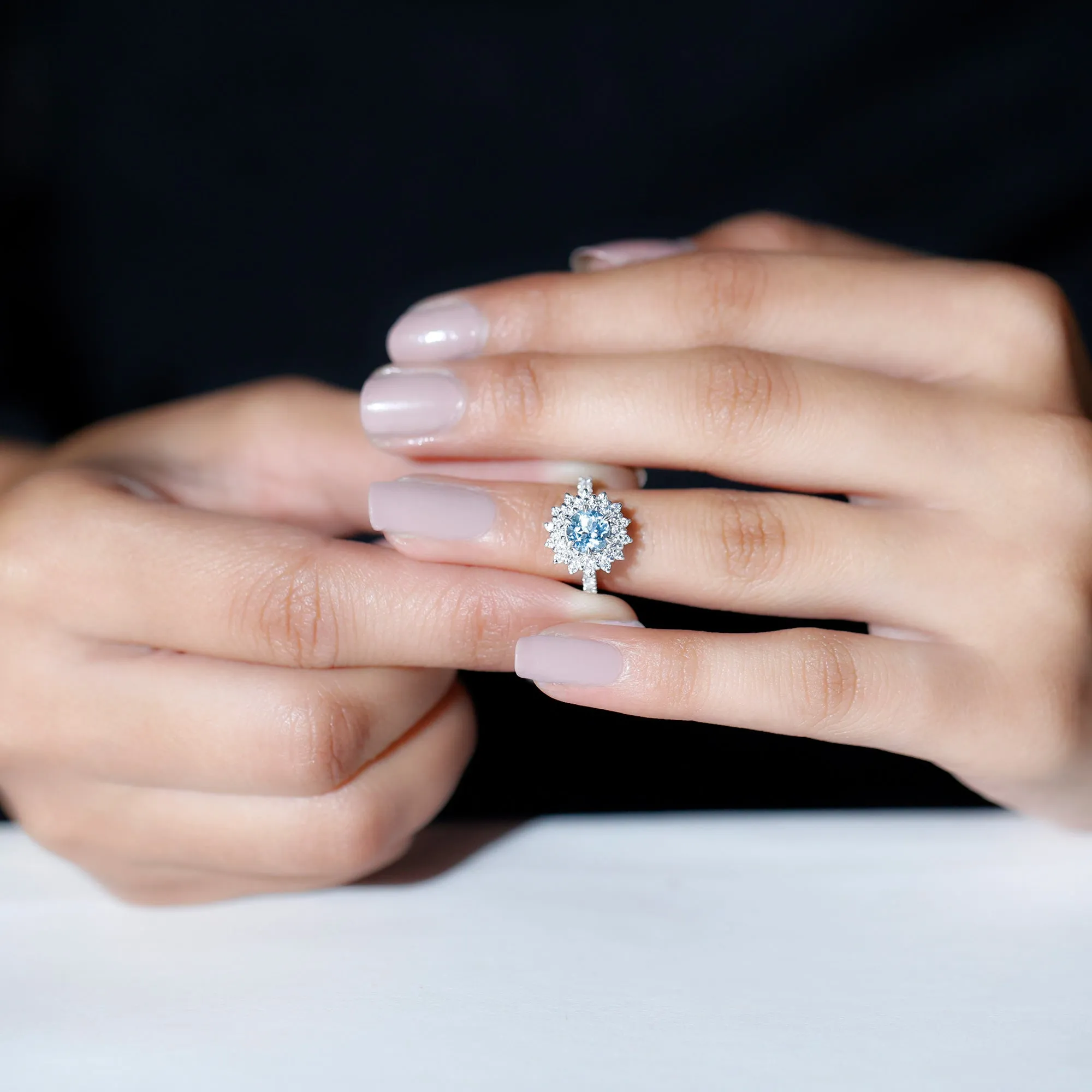 Aquamarine and Moissanite Cluster Halo Engagement Ring