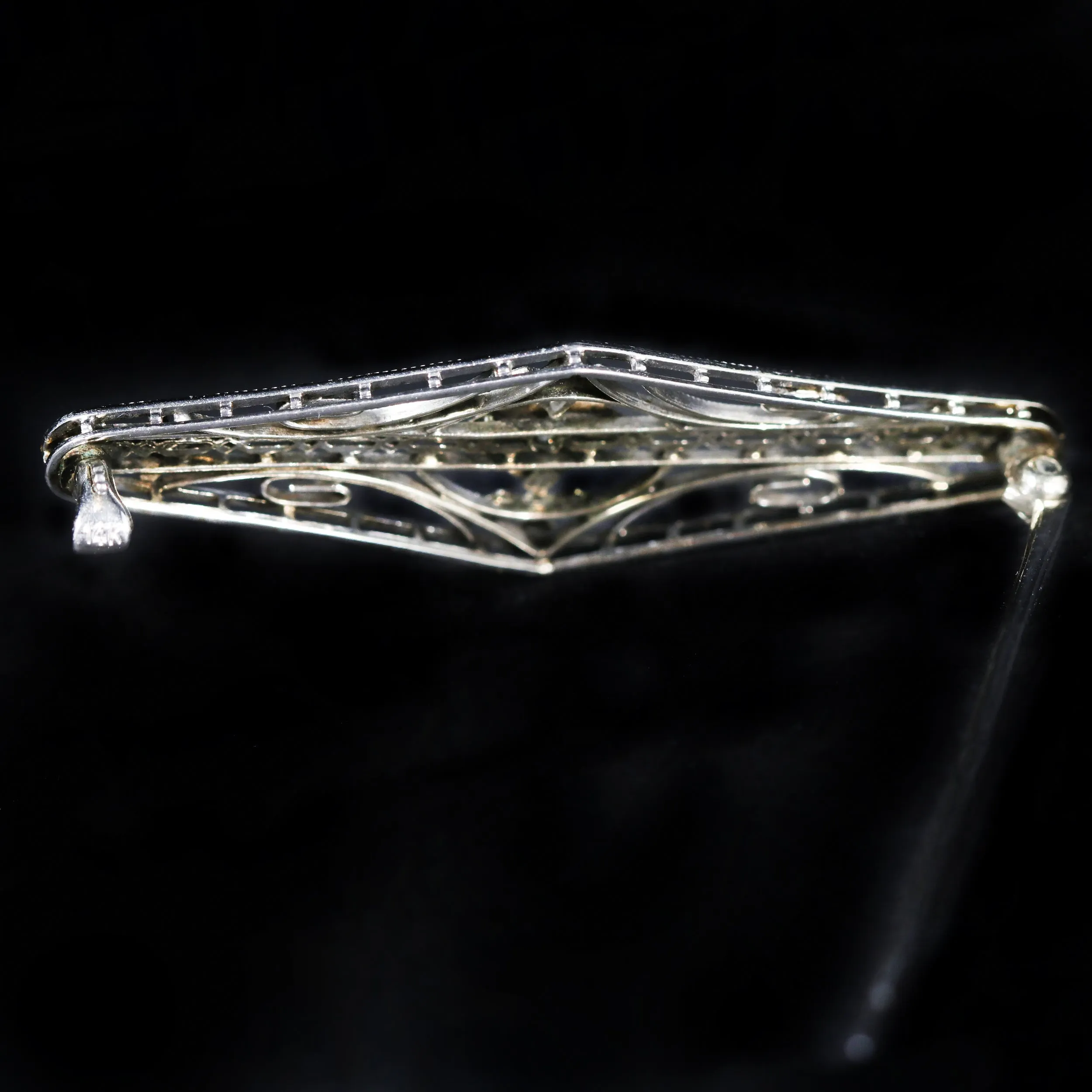 Art Deco 14K White Gold Old Mine Cut Diamond Brooch