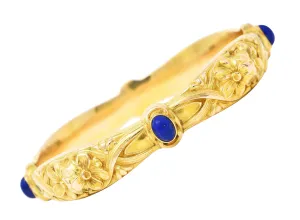 Art Nouveau Lapis Lazuli 14 Karat Yellow Gold Daisy Floral Antique Bangle Bracelet