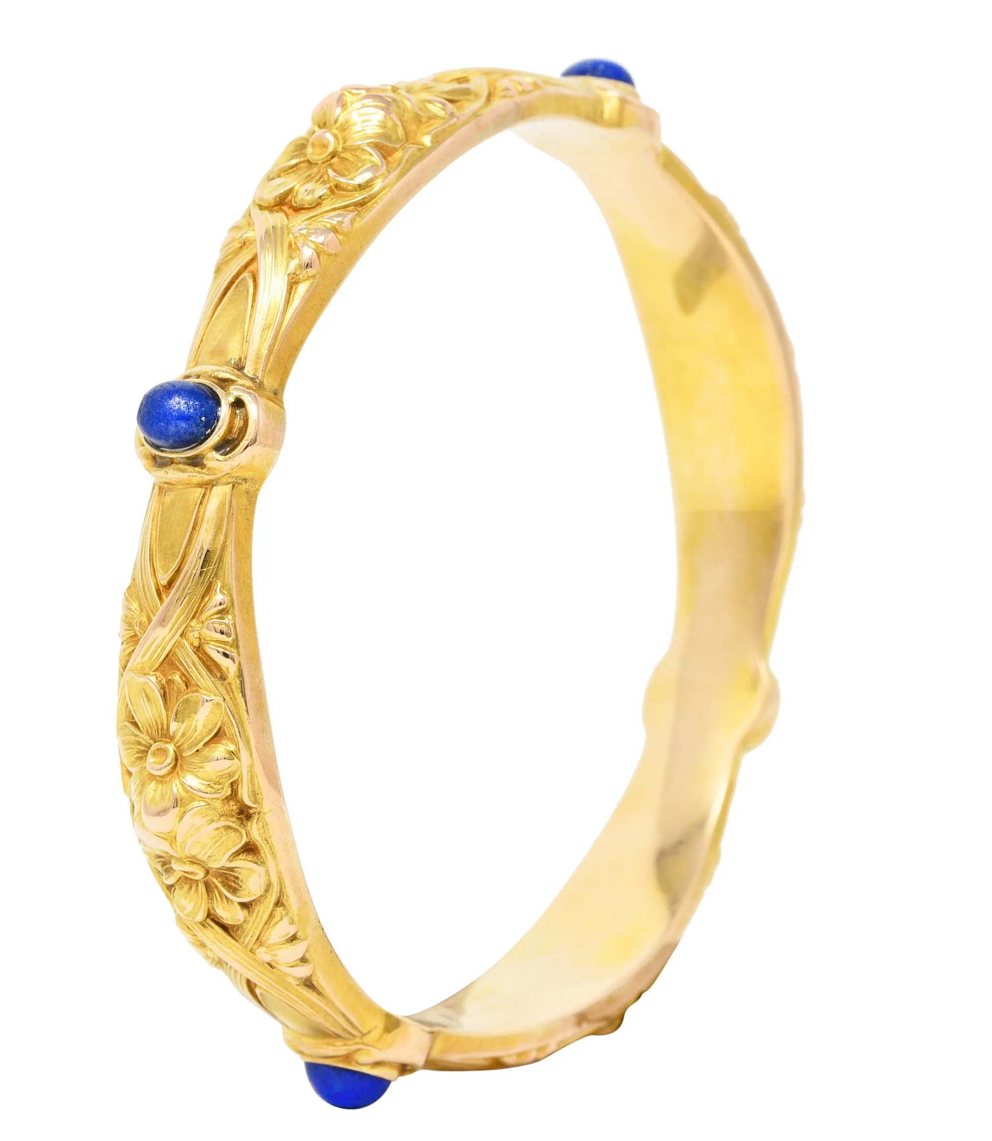 Art Nouveau Lapis Lazuli 14 Karat Yellow Gold Daisy Floral Antique Bangle Bracelet