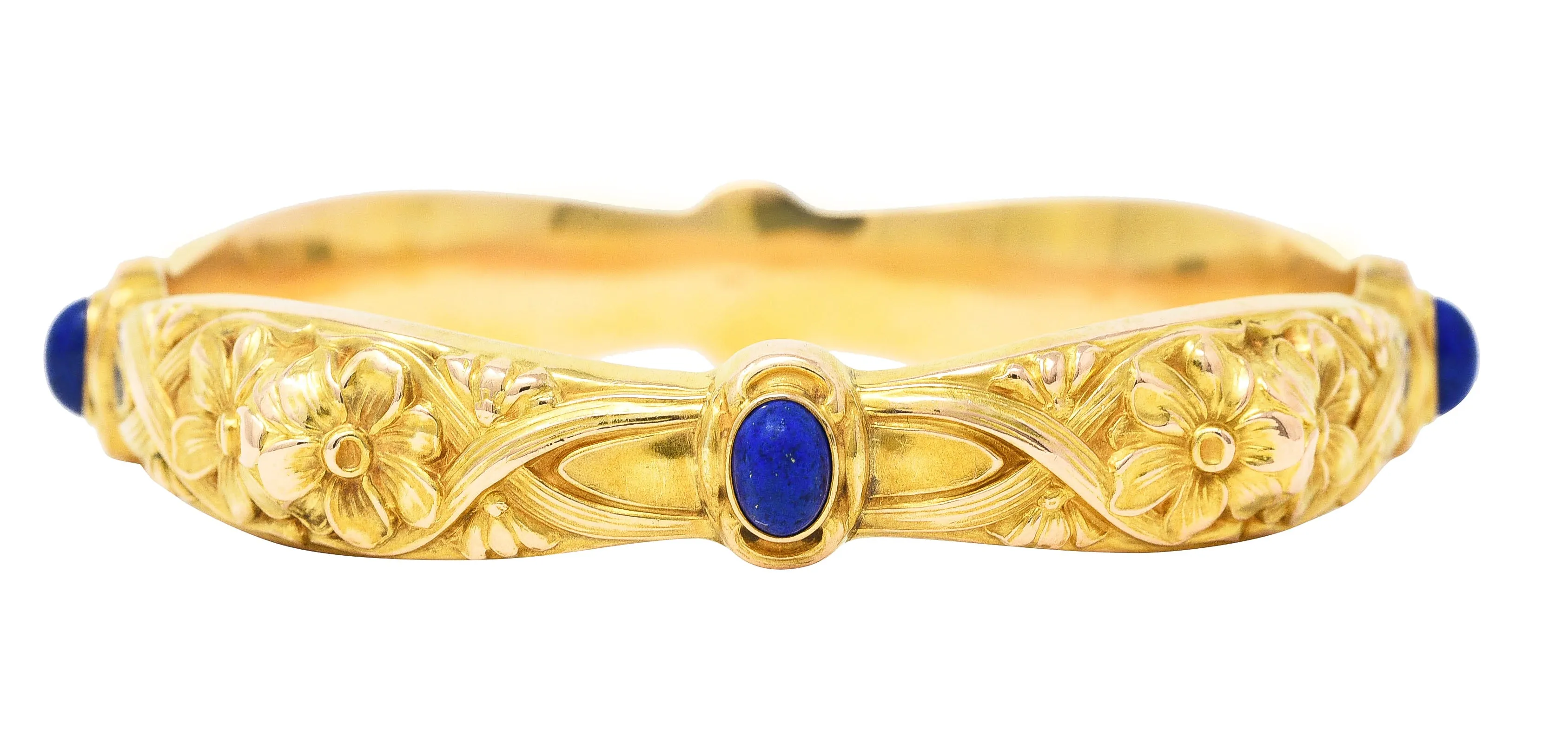 Art Nouveau Lapis Lazuli 14 Karat Yellow Gold Daisy Floral Antique Bangle Bracelet