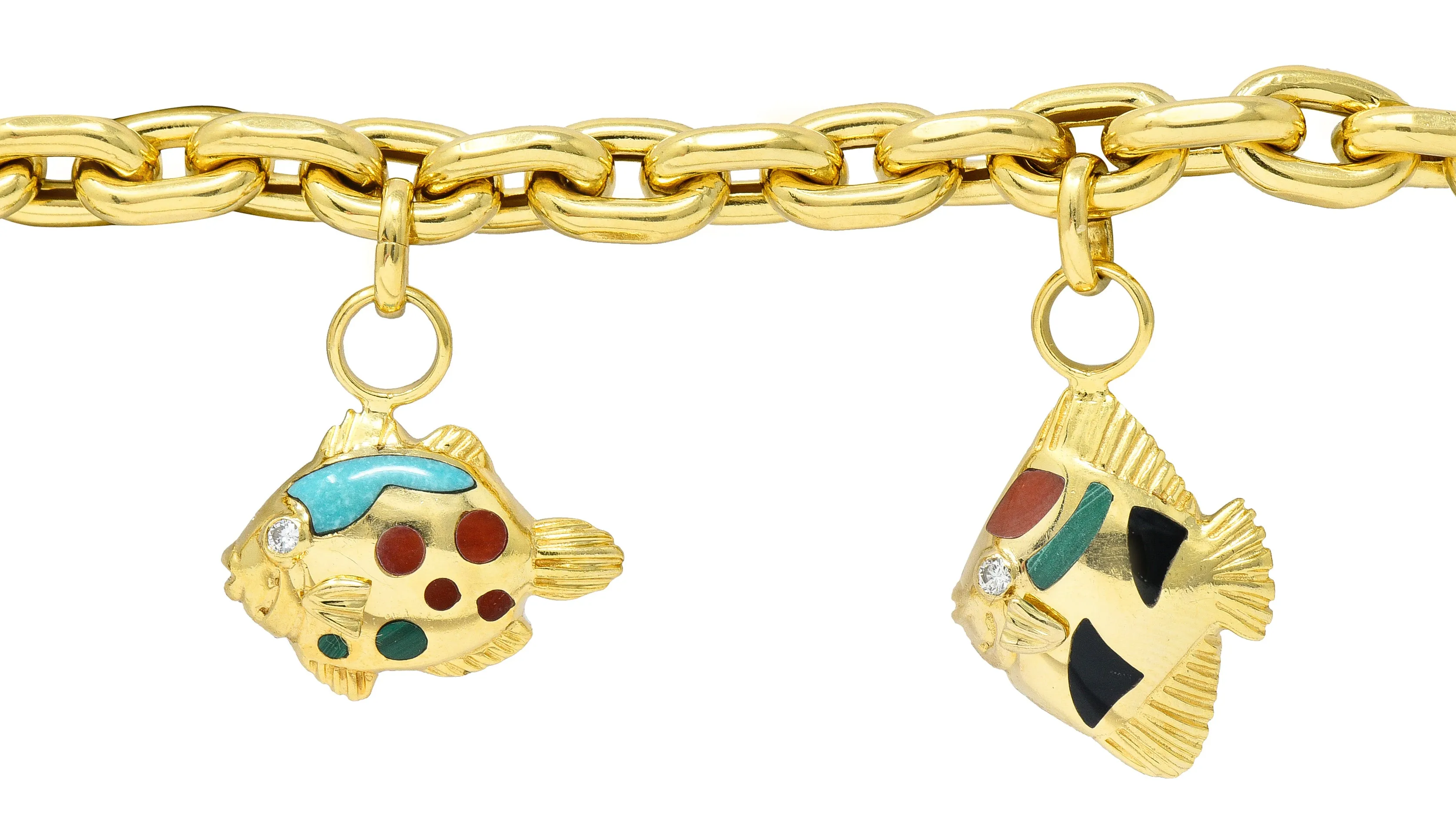 Asch Grossbardt Diamond Inlaid Multi-Gem 18K Yellow Gold Fish Vintage Charm Bracelet