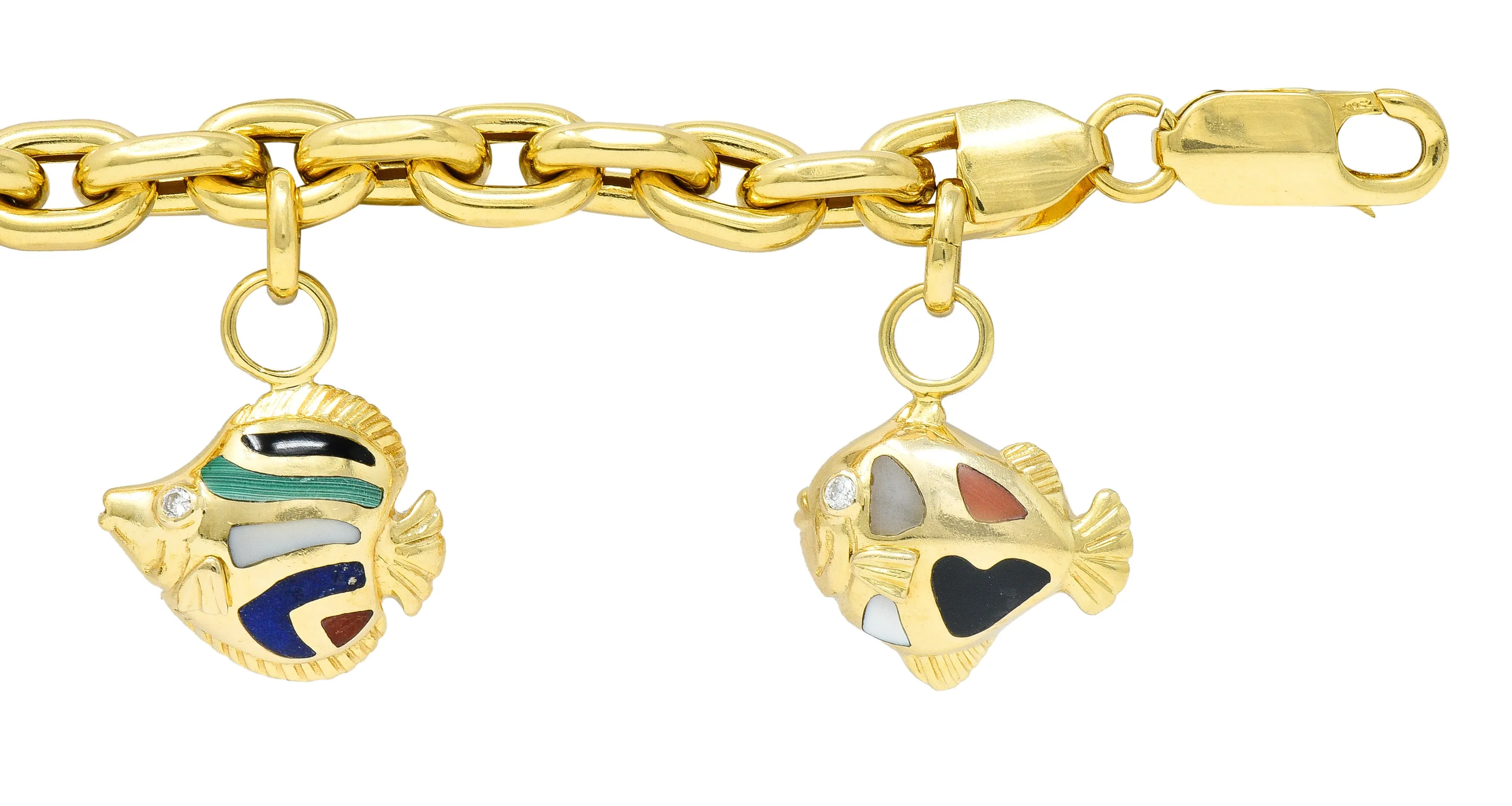 Asch Grossbardt Diamond Inlaid Multi-Gem 18K Yellow Gold Fish Vintage Charm Bracelet