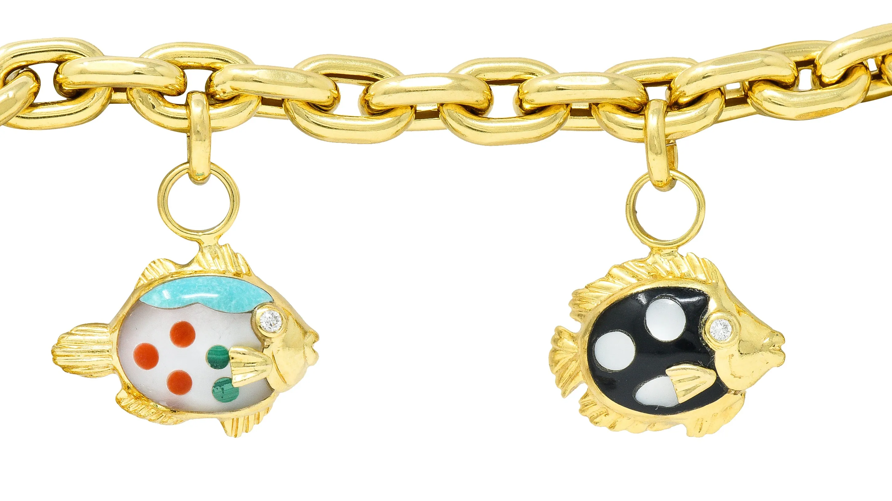 Asch Grossbardt Diamond Inlaid Multi-Gem 18K Yellow Gold Fish Vintage Charm Bracelet