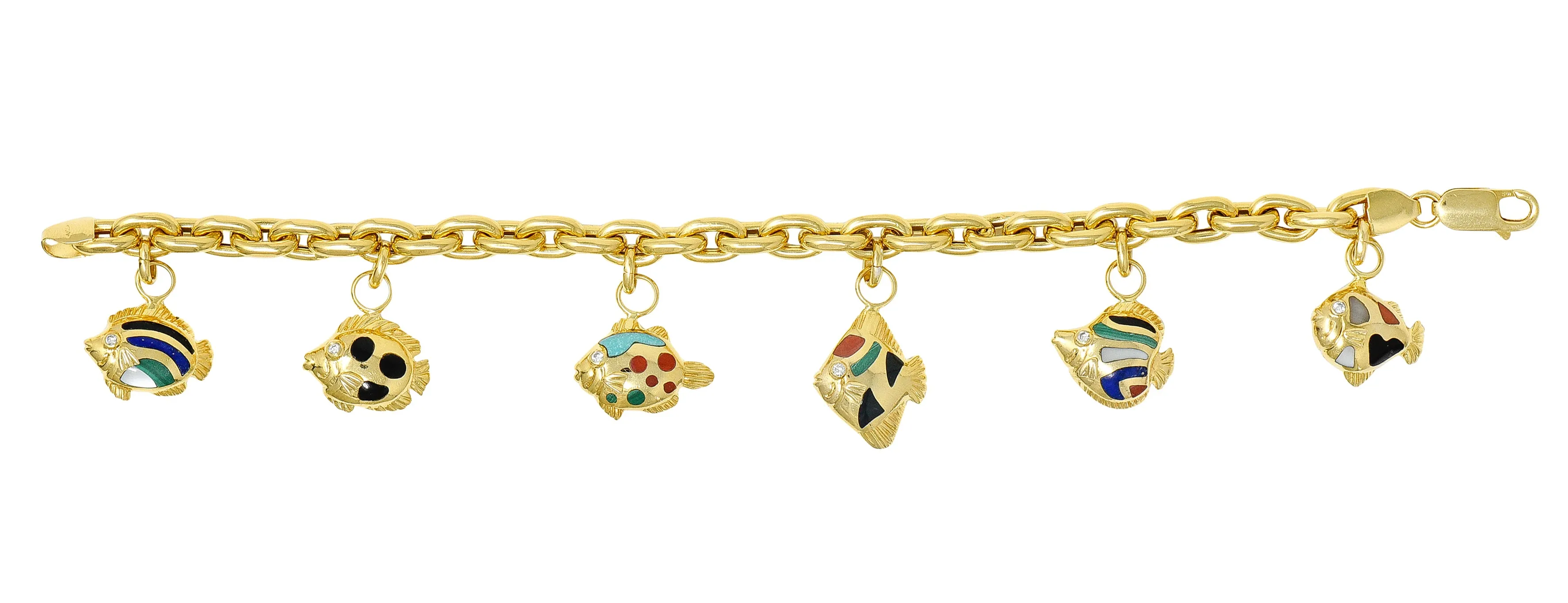 Asch Grossbardt Diamond Inlaid Multi-Gem 18K Yellow Gold Fish Vintage Charm Bracelet