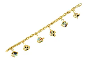 Asch Grossbardt Diamond Inlaid Multi-Gem 18K Yellow Gold Fish Vintage Charm Bracelet