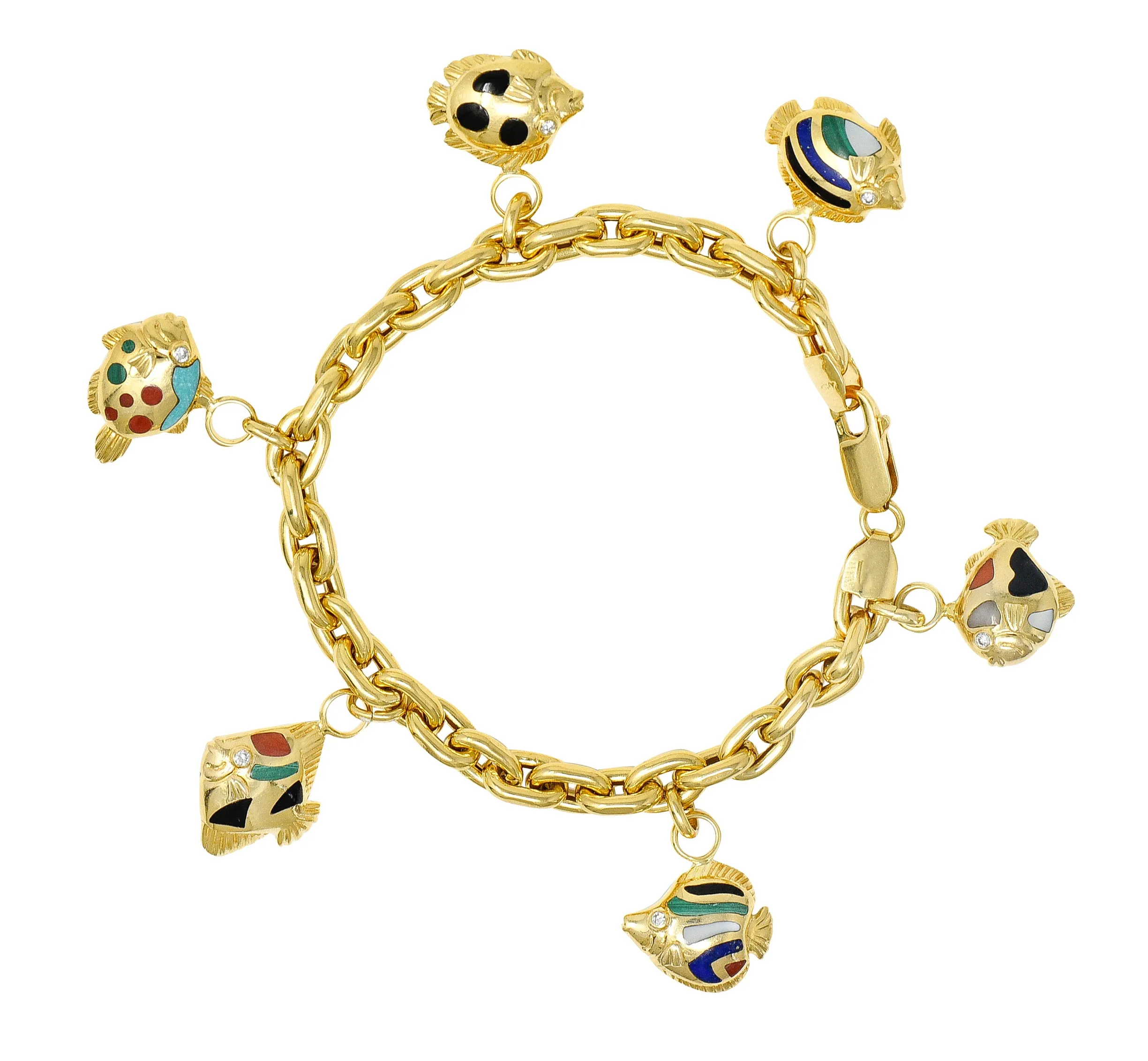 Asch Grossbardt Diamond Inlaid Multi-Gem 18K Yellow Gold Fish Vintage Charm Bracelet