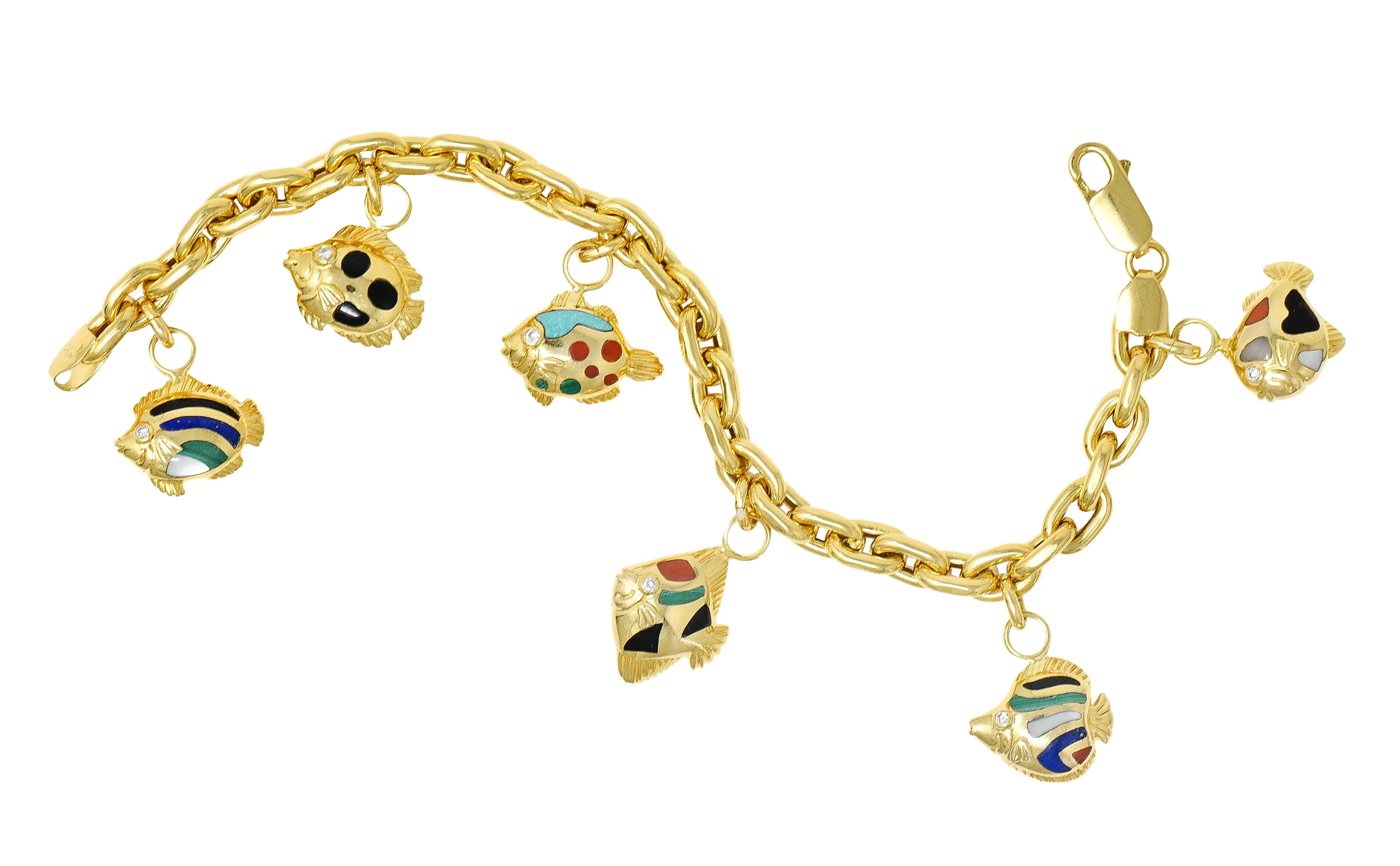 Asch Grossbardt Diamond Inlaid Multi-Gem 18K Yellow Gold Fish Vintage Charm Bracelet