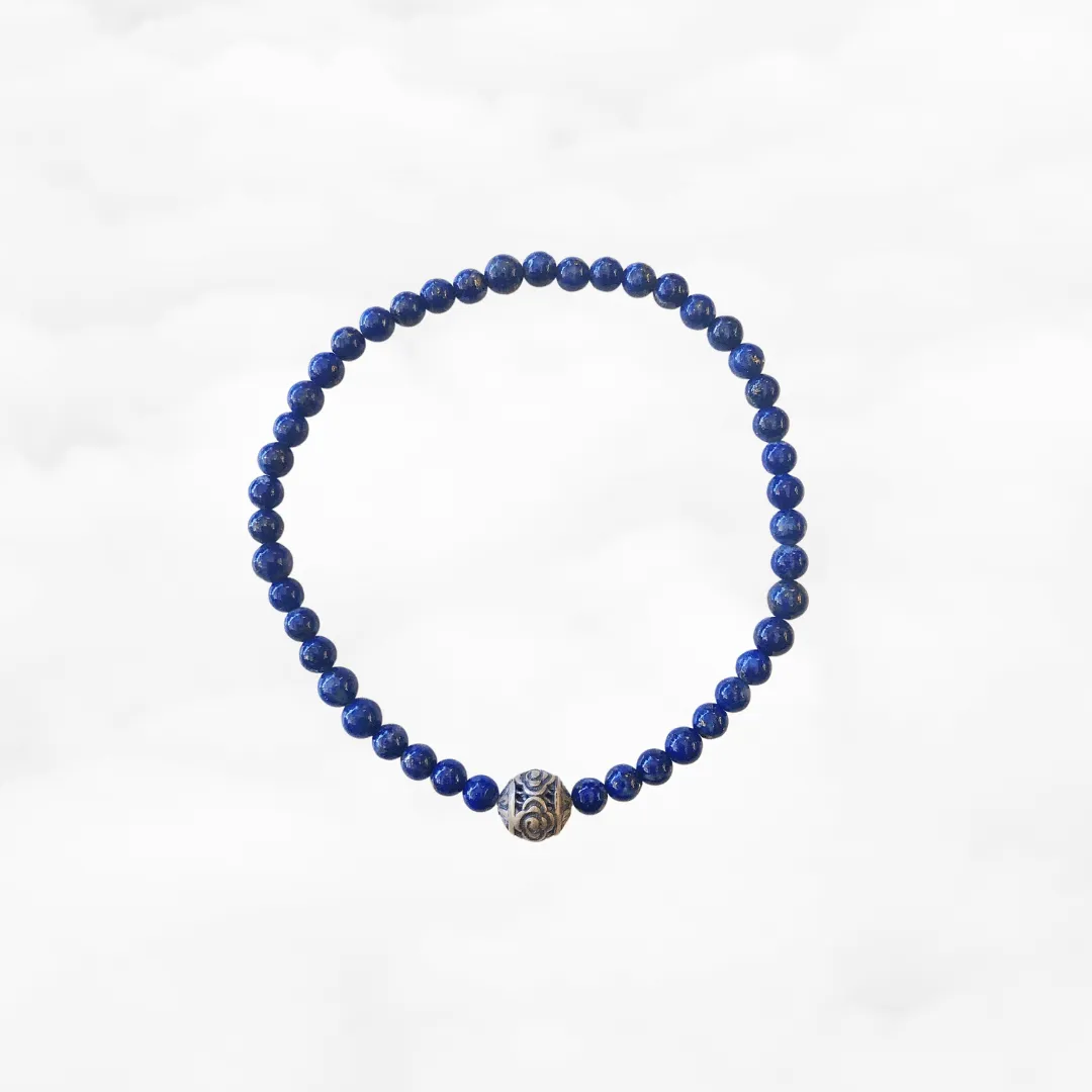 Auspicious Beaded Lapis Bracelet 4mm Silver