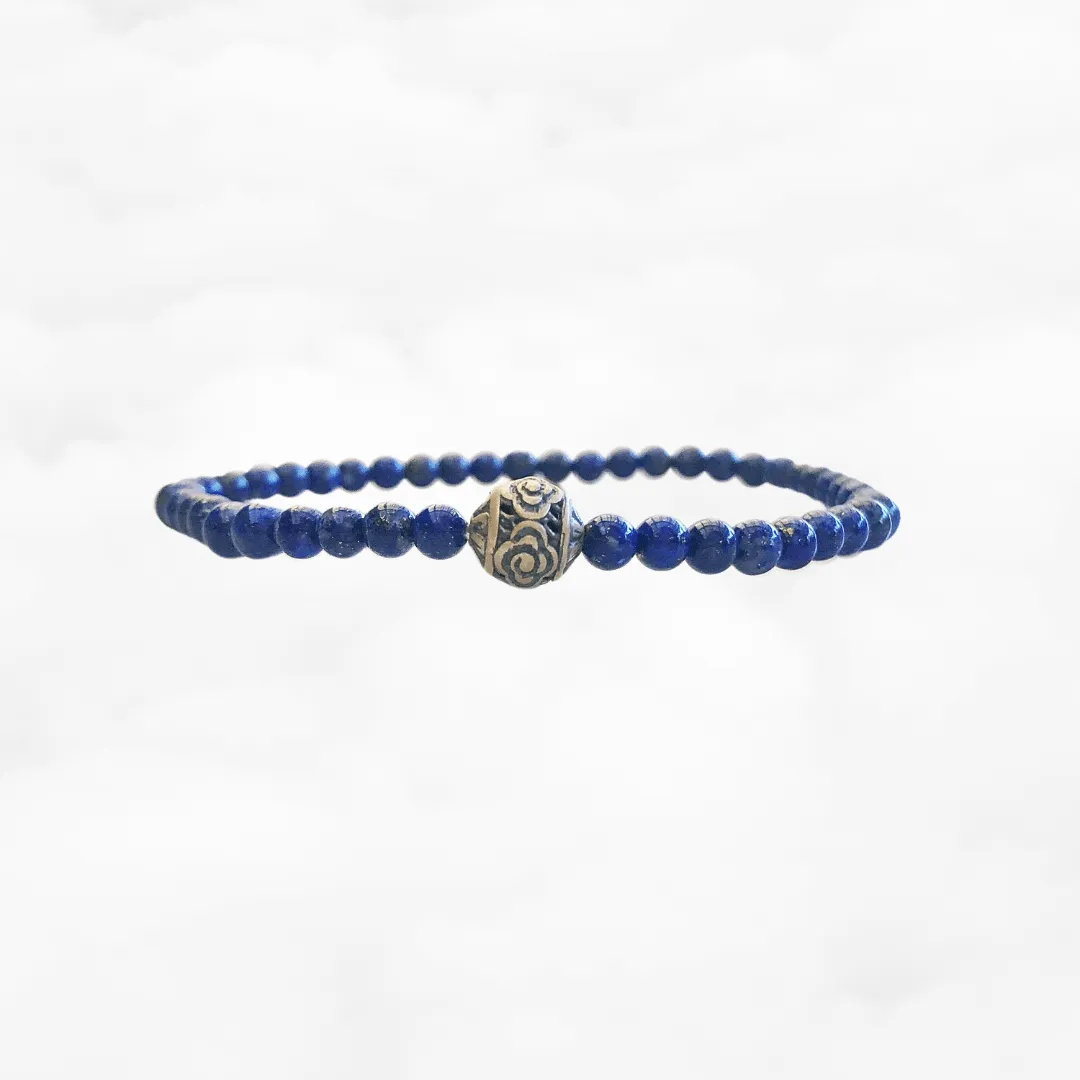 Auspicious Beaded Lapis Bracelet 4mm Silver