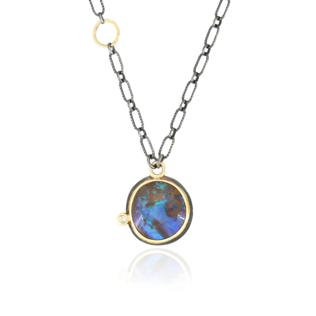 Australian Boulder Opal Pendant Necklace in 18k Gold Silver with Diamond - JODIE Necklace