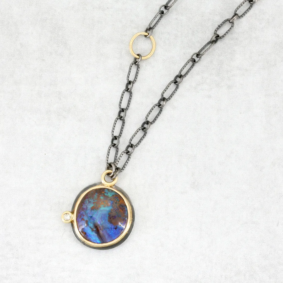 Australian Boulder Opal Pendant Necklace in 18k Gold Silver with Diamond - JODIE Necklace