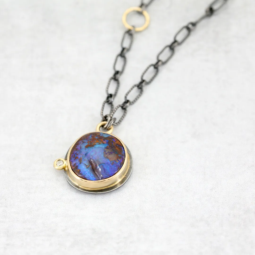 Australian Boulder Opal Pendant Necklace in 18k Gold Silver with Diamond - JODIE Necklace