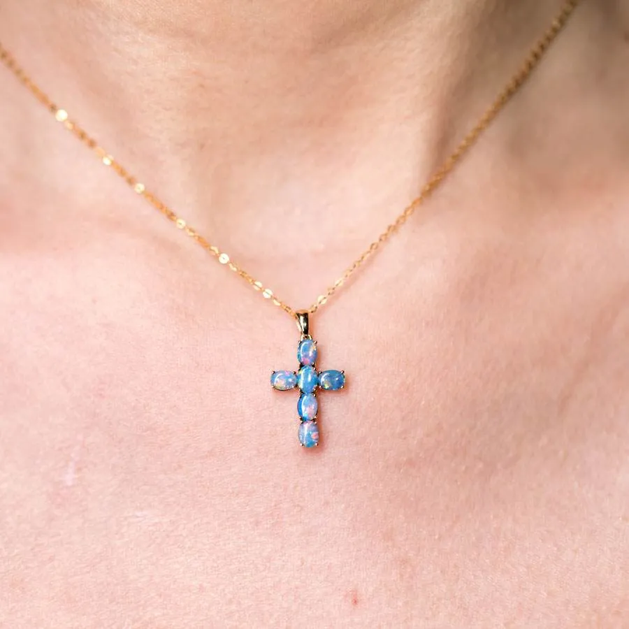 Australian Doublet Opal Cross Pendant Necklace 18K Yellow Gold