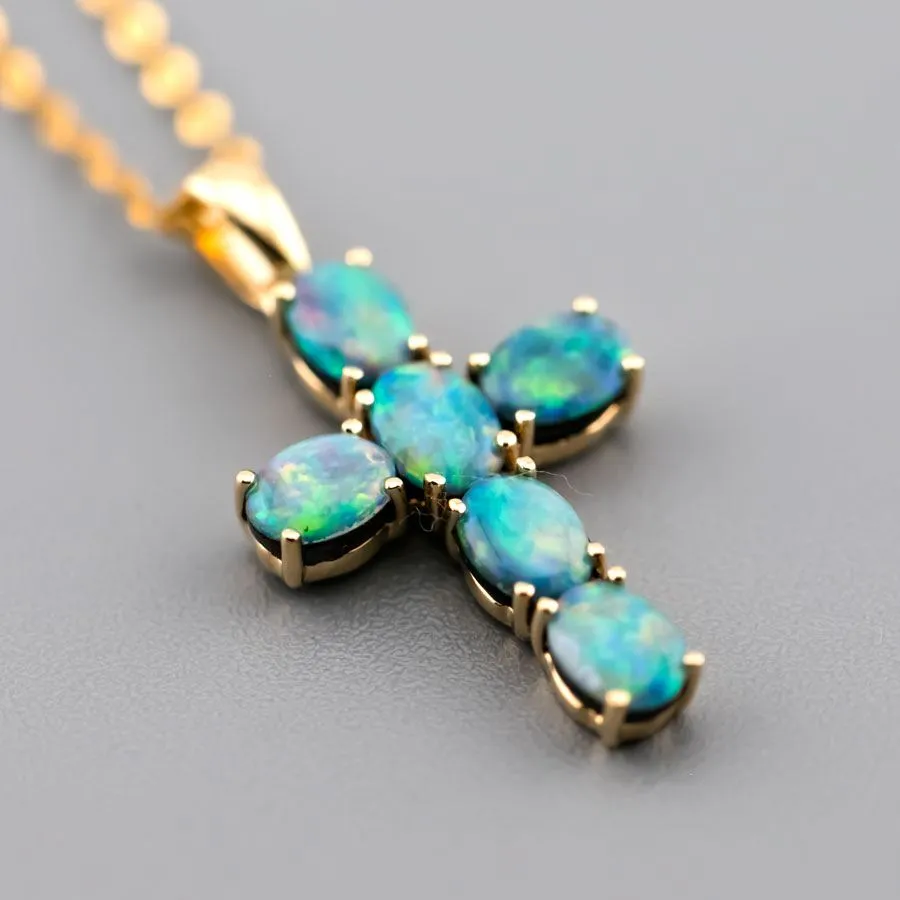 Australian Doublet Opal Cross Pendant Necklace 18K Yellow Gold