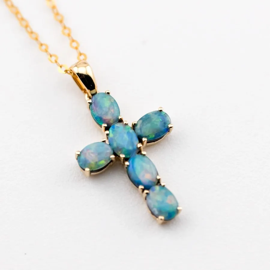 Australian Doublet Opal Cross Pendant Necklace 18K Yellow Gold