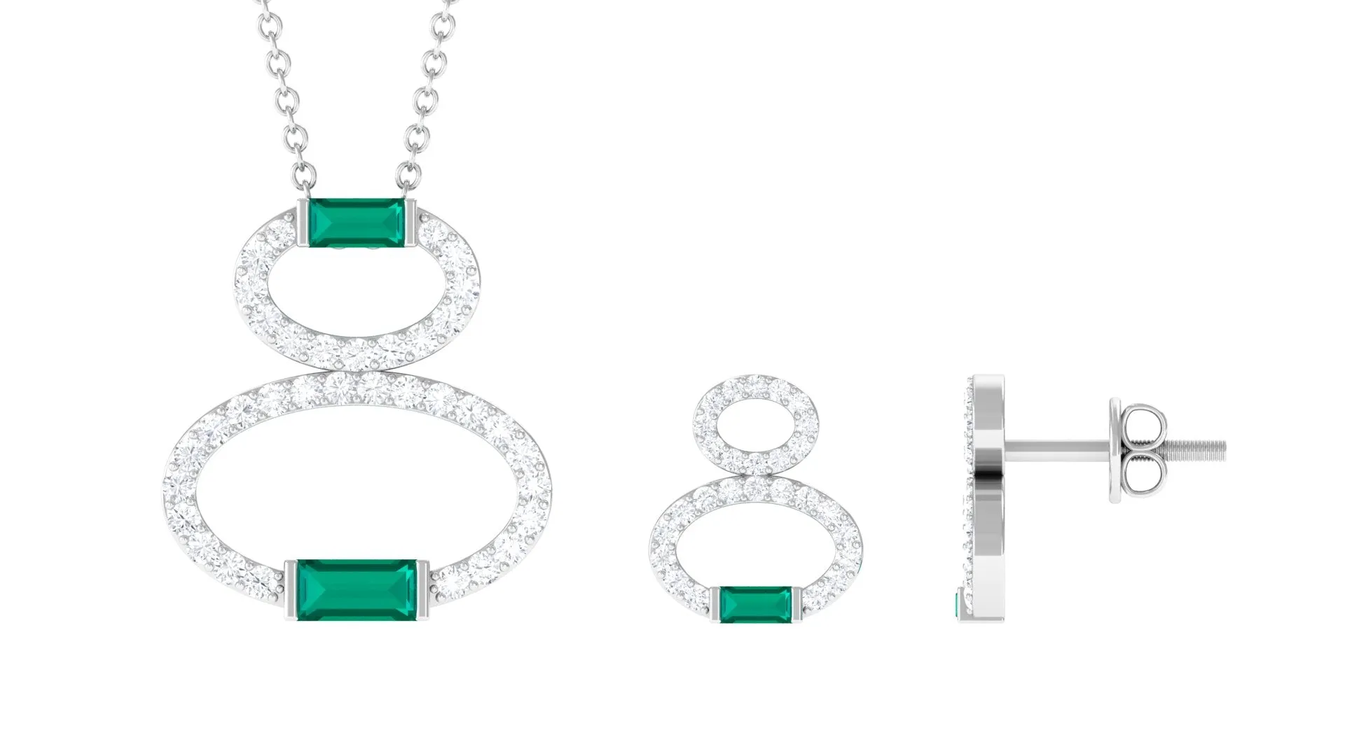 Baguette Cut Emerald Classic Necklace and Earrings Set with Diamond