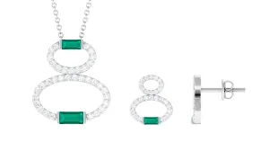 Baguette Cut Emerald Classic Necklace and Earrings Set with Diamond