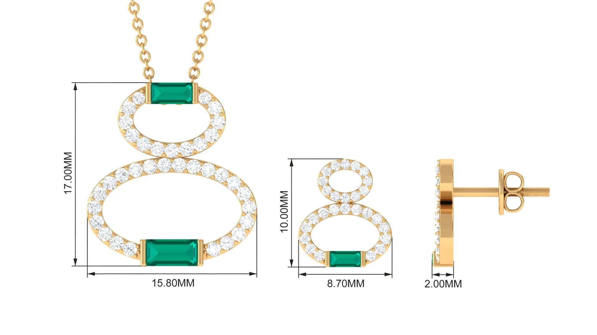 Baguette Cut Emerald Classic Necklace and Earrings Set with Diamond