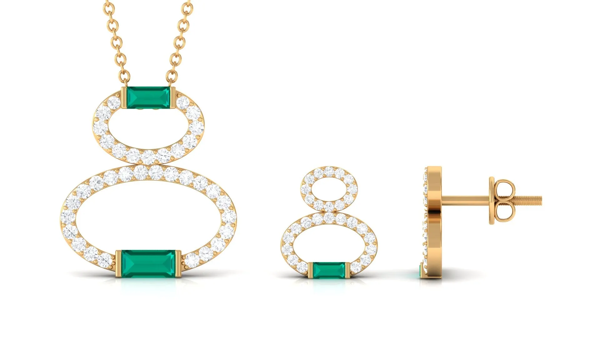 Baguette Cut Emerald Classic Necklace and Earrings Set with Diamond