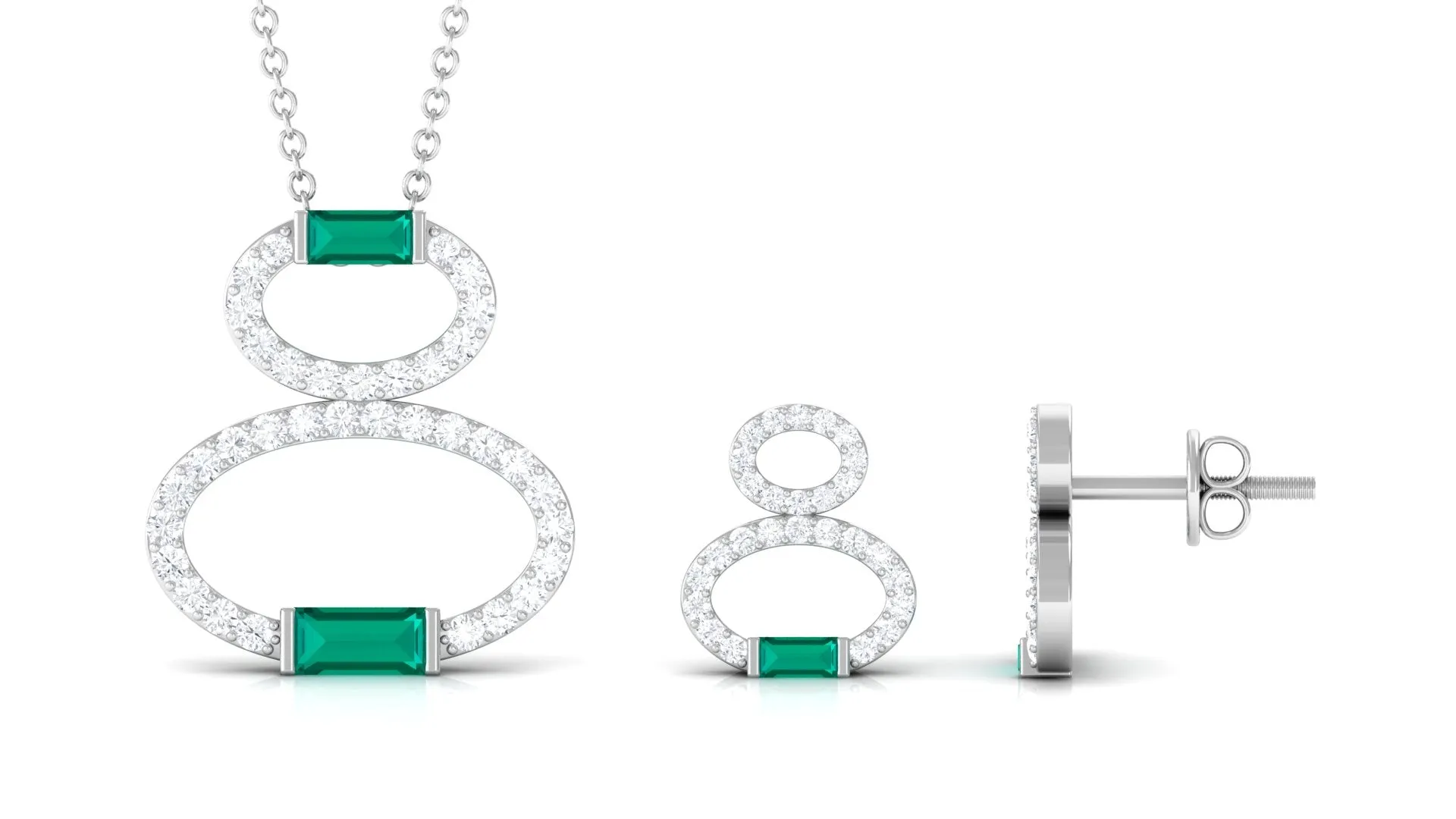 Baguette Cut Emerald Classic Necklace and Earrings Set with Diamond