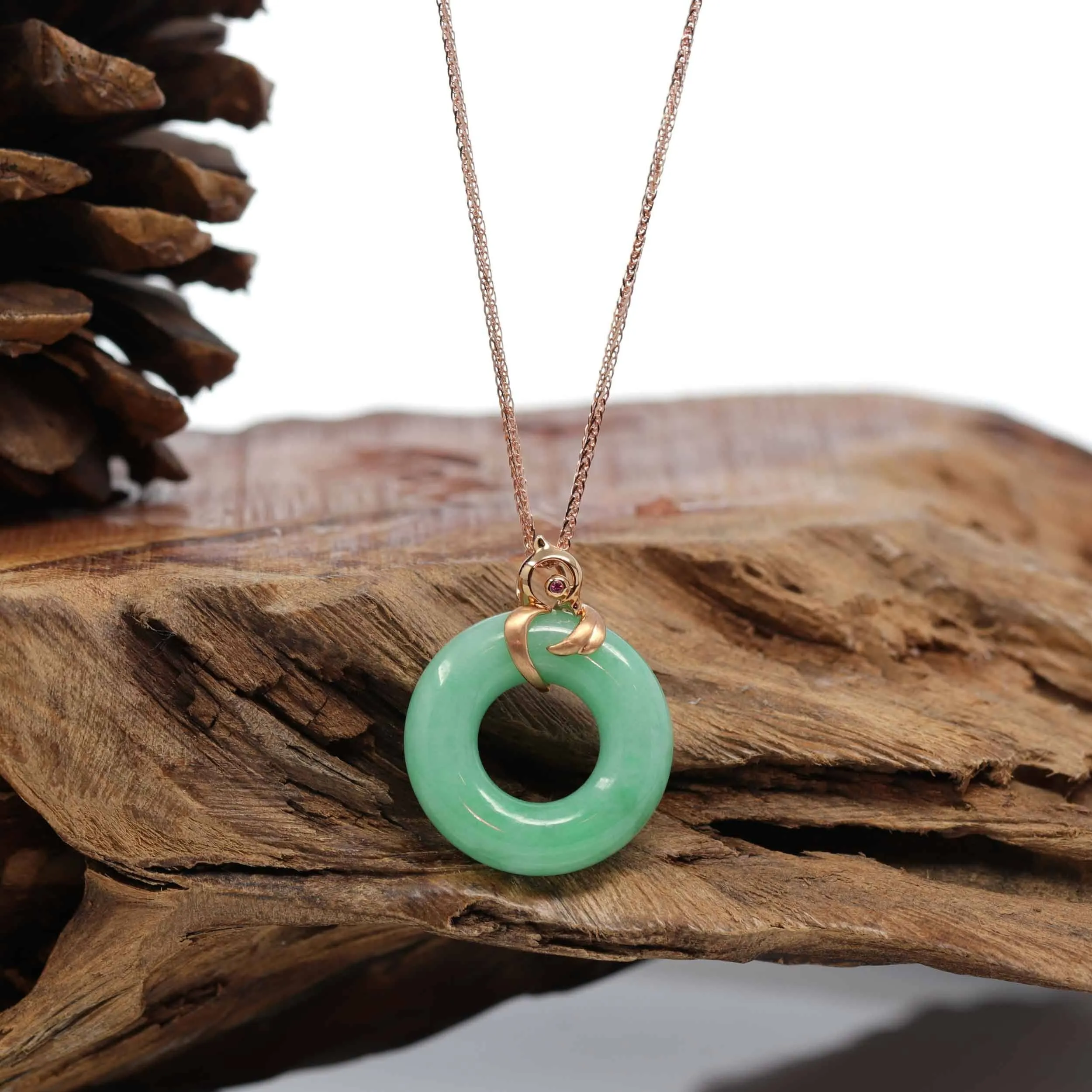 Baikalla™ "Good Luck Birdie" 18k Rose Gold Genuine Burmese Jadeite Lucky Kou Kou Pendant Necklace With AA Ruby