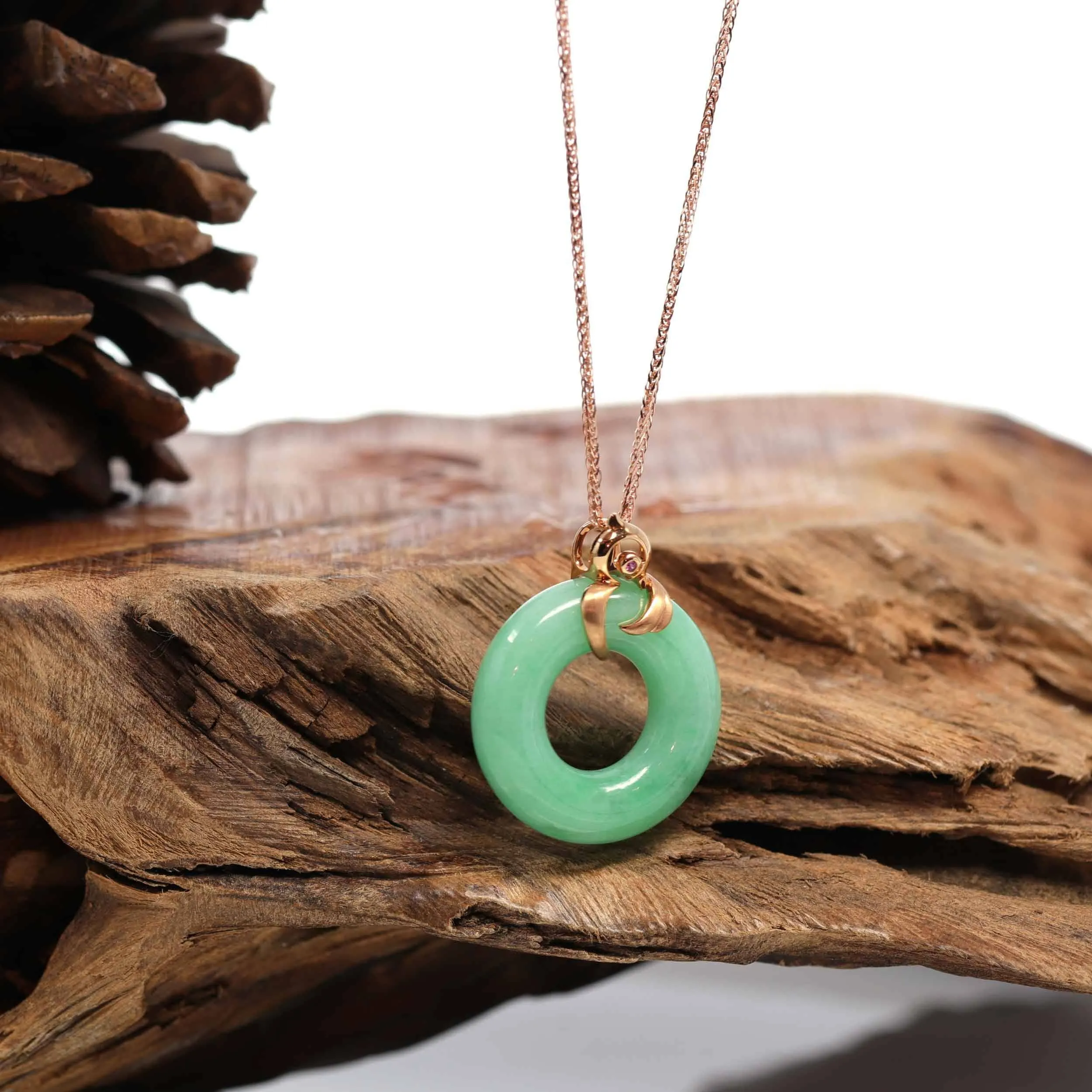 Baikalla™ "Good Luck Birdie" 18k Rose Gold Genuine Burmese Jadeite Lucky Kou Kou Pendant Necklace With AA Ruby