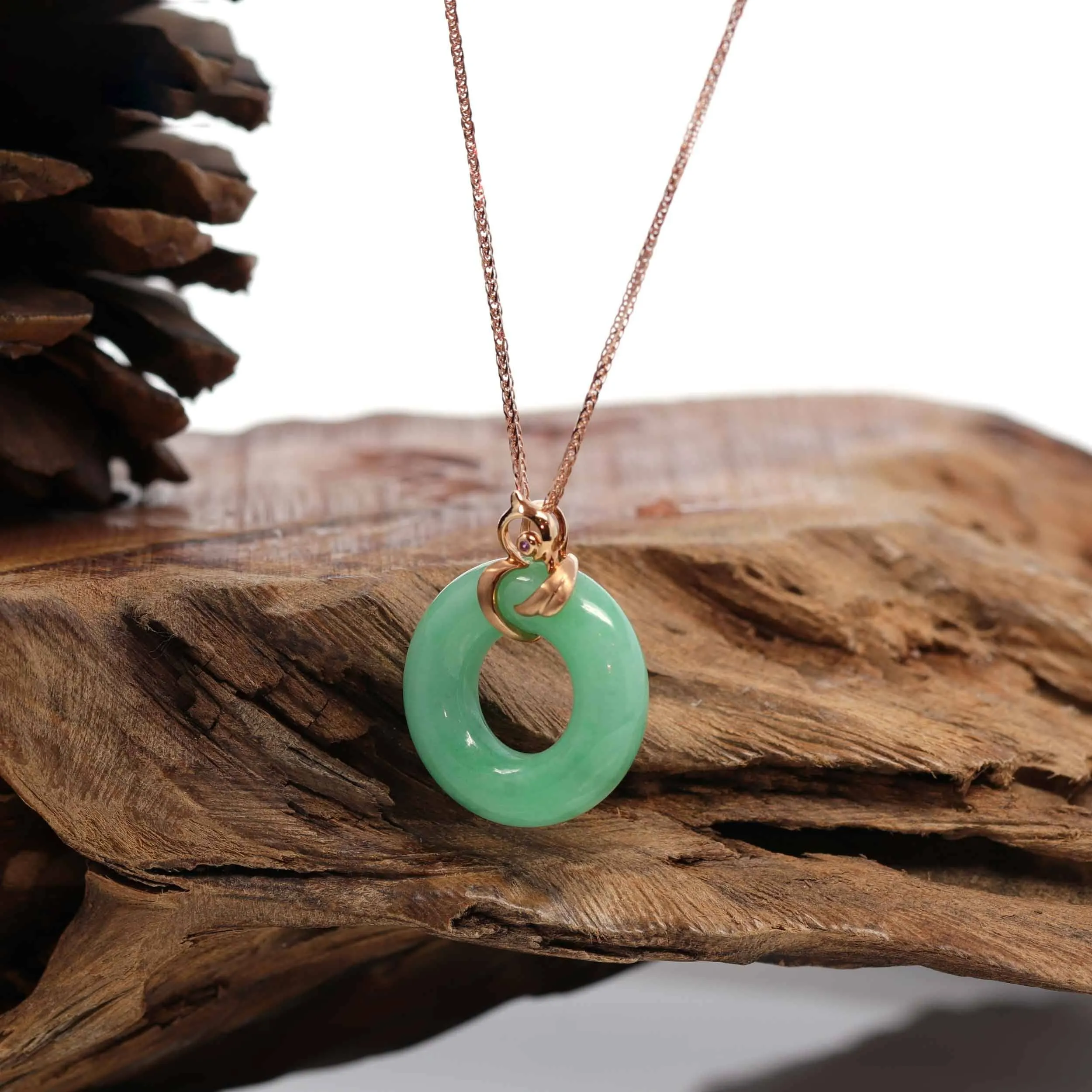 Baikalla™ "Good Luck Birdie" 18k Rose Gold Genuine Burmese Jadeite Lucky Kou Kou Pendant Necklace With AA Ruby