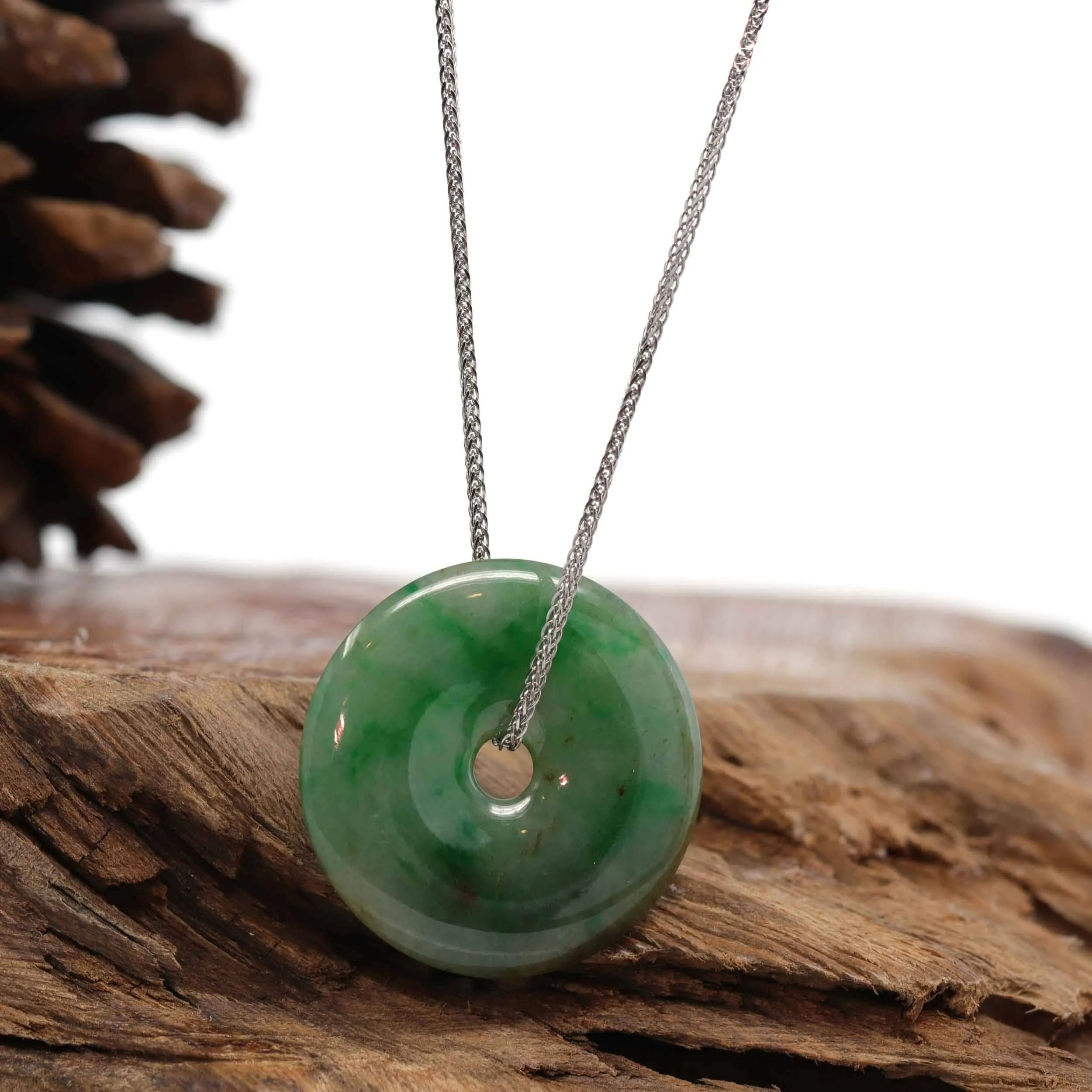 Baikalla "Good Luck Button" Necklace Green Jadeite Jade Lucky Ping An Kou Pendant