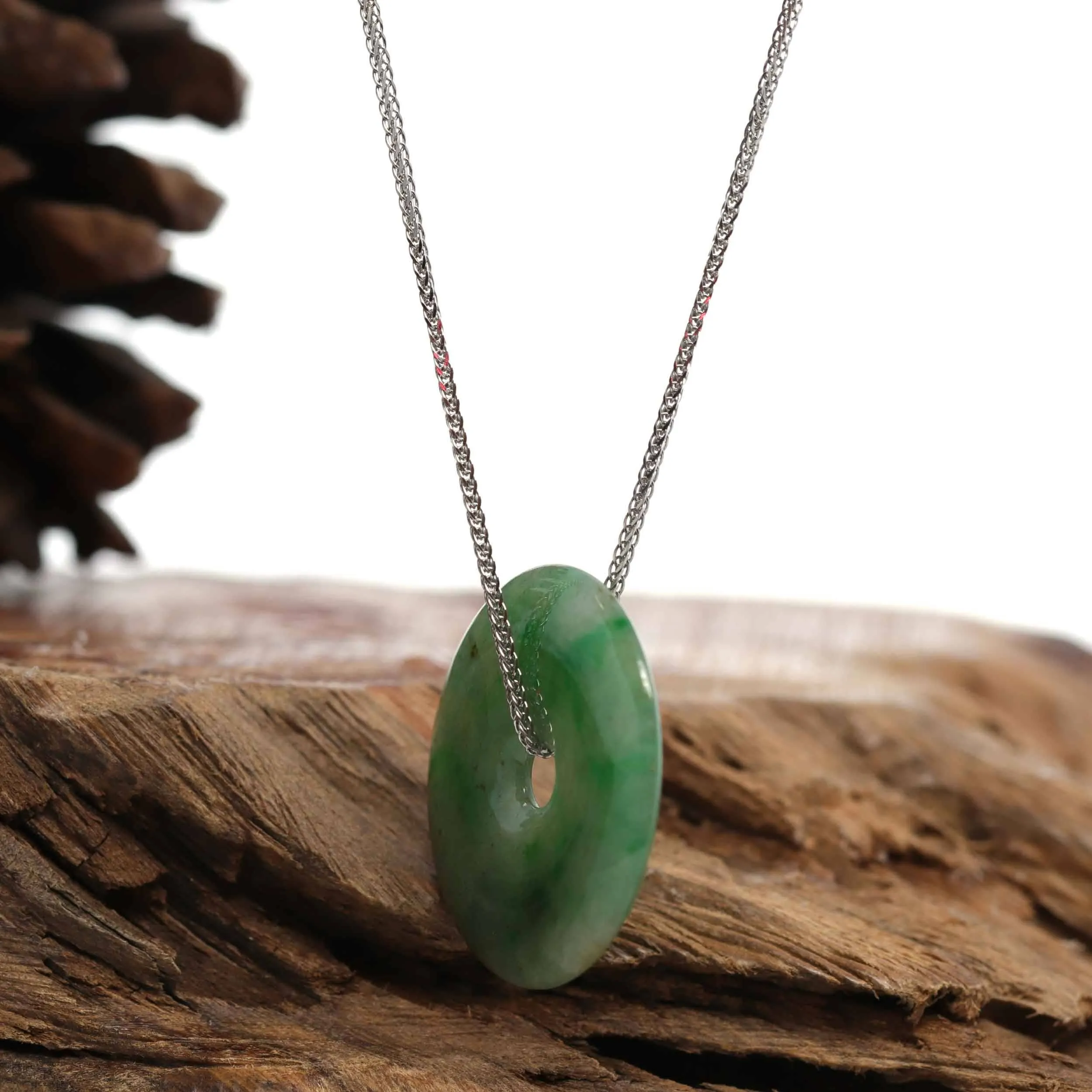 Baikalla "Good Luck Button" Necklace Green Jadeite Jade Lucky Ping An Kou Pendant