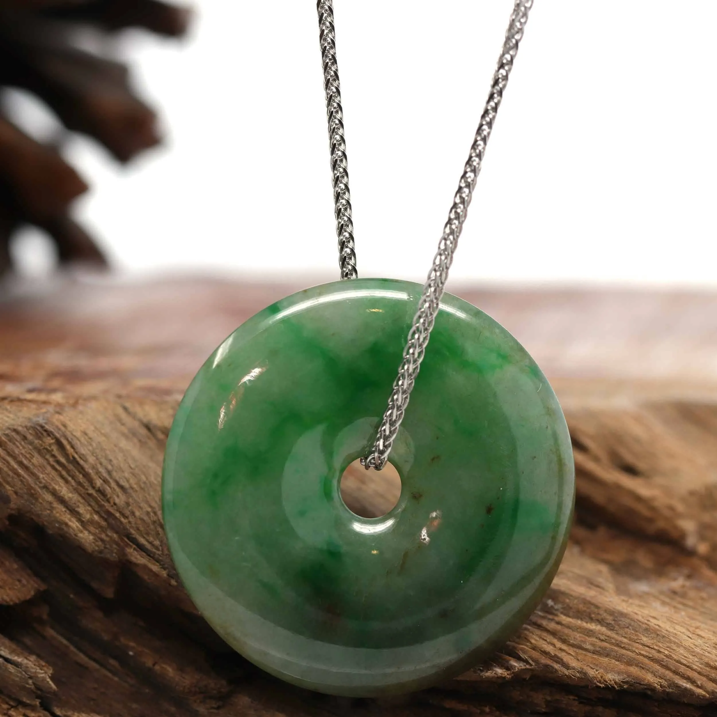 Baikalla "Good Luck Button" Necklace Green Jadeite Jade Lucky Ping An Kou Pendant