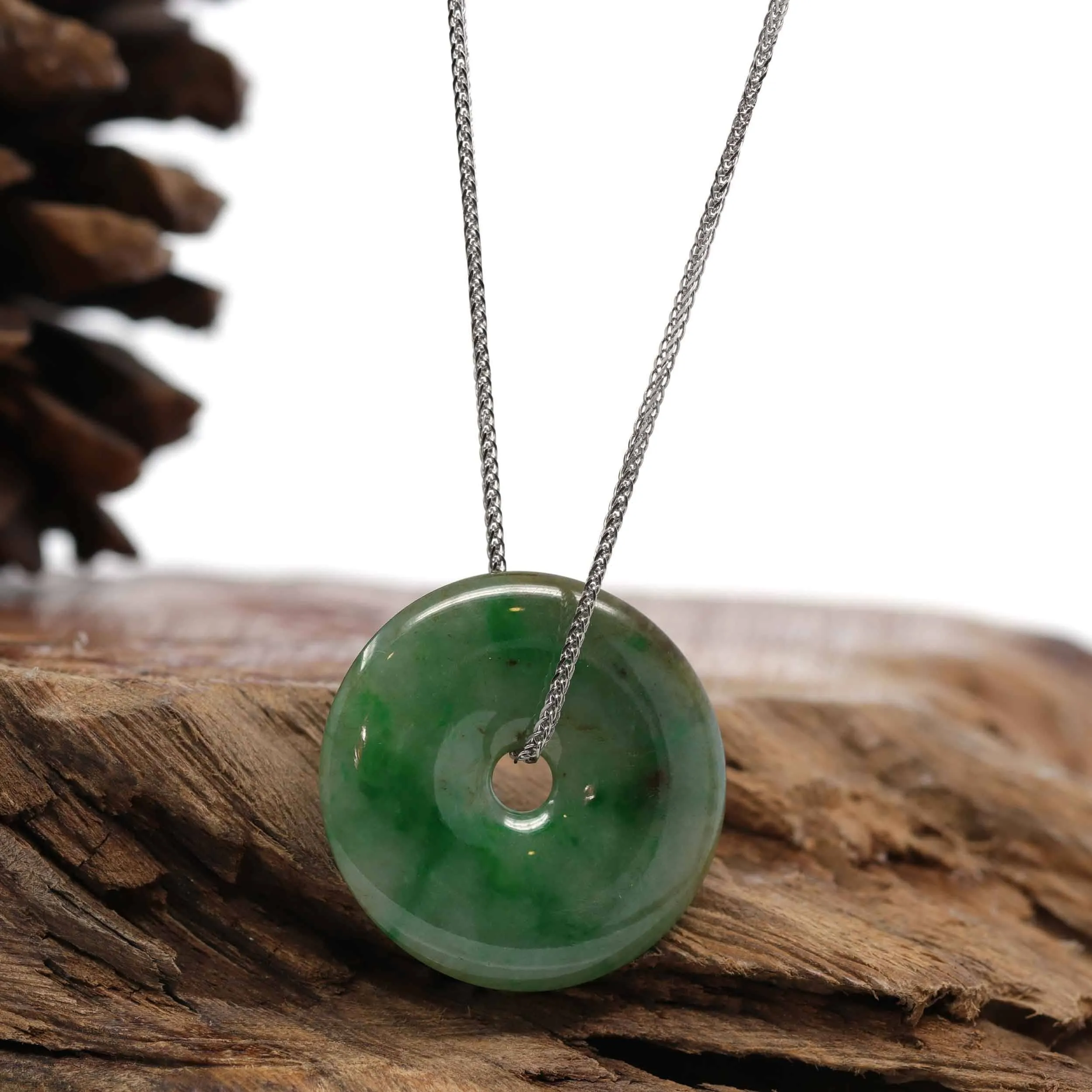 Baikalla "Good Luck Button" Necklace Green Jadeite Jade Lucky Ping An Kou Pendant