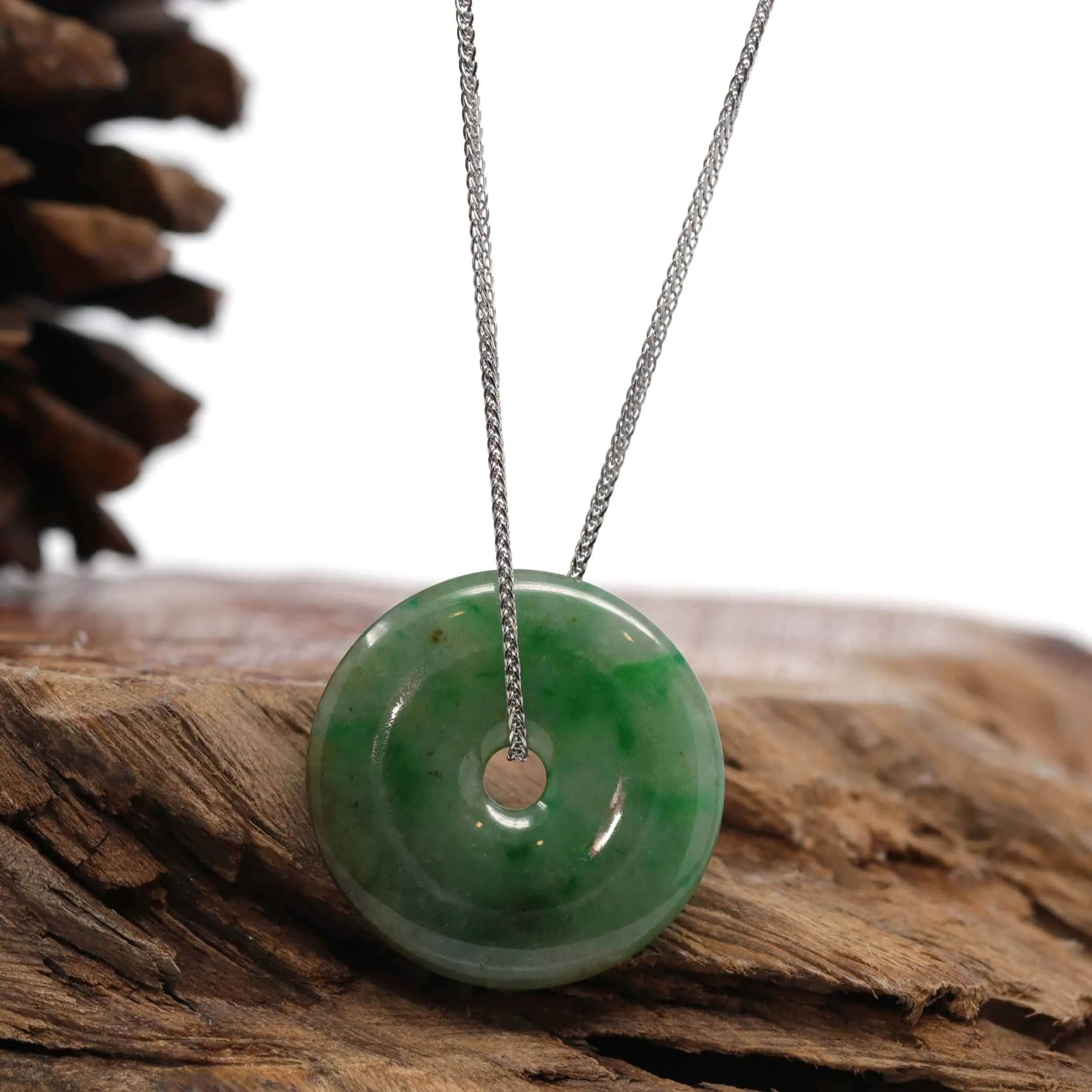 Baikalla "Good Luck Button" Necklace Green Jadeite Jade Lucky Ping An Kou Pendant