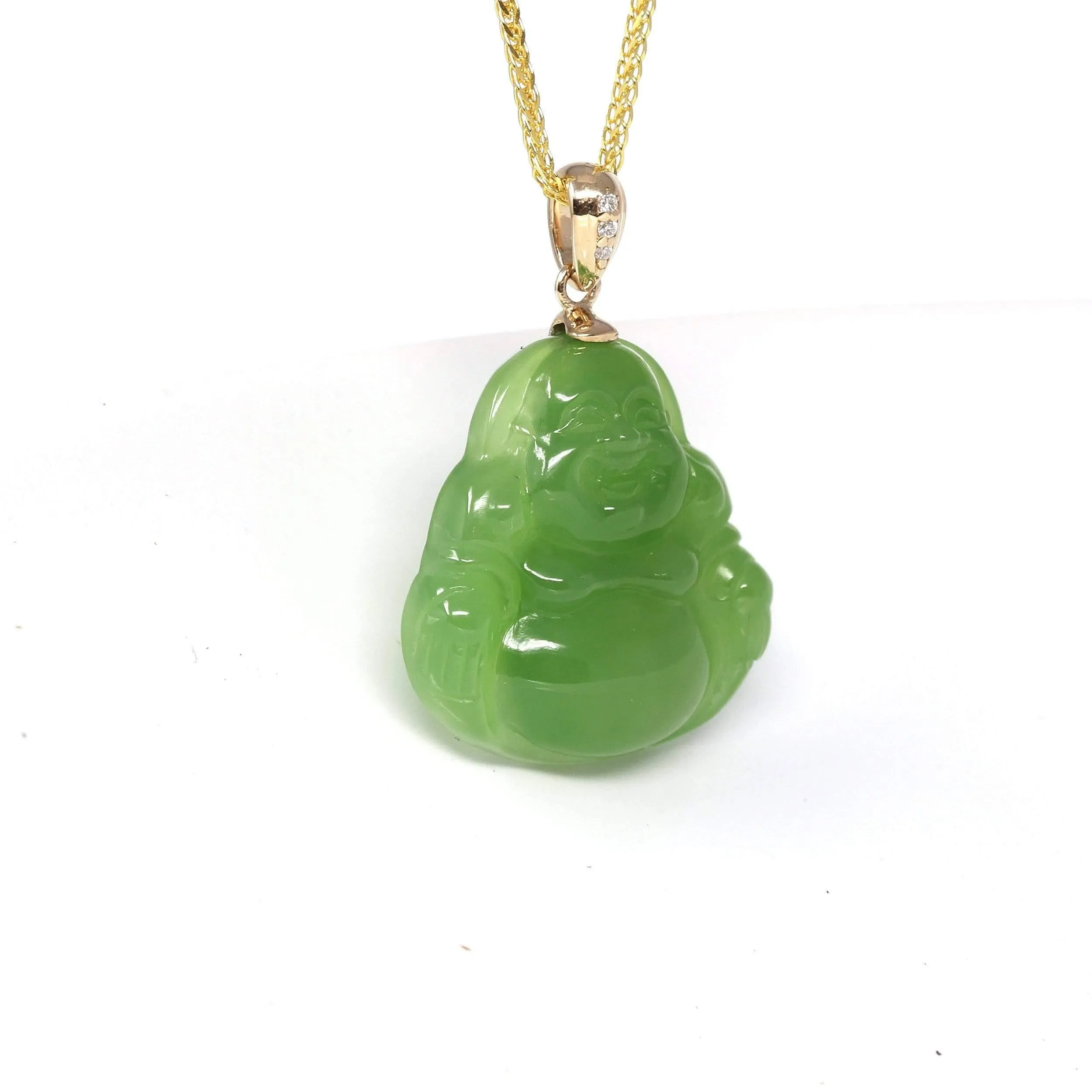 Baikalla™ "Laughing Buddha" 14k Gold Genuine Nephrite Apple Green Jade Pendant Necklace with Diamonds