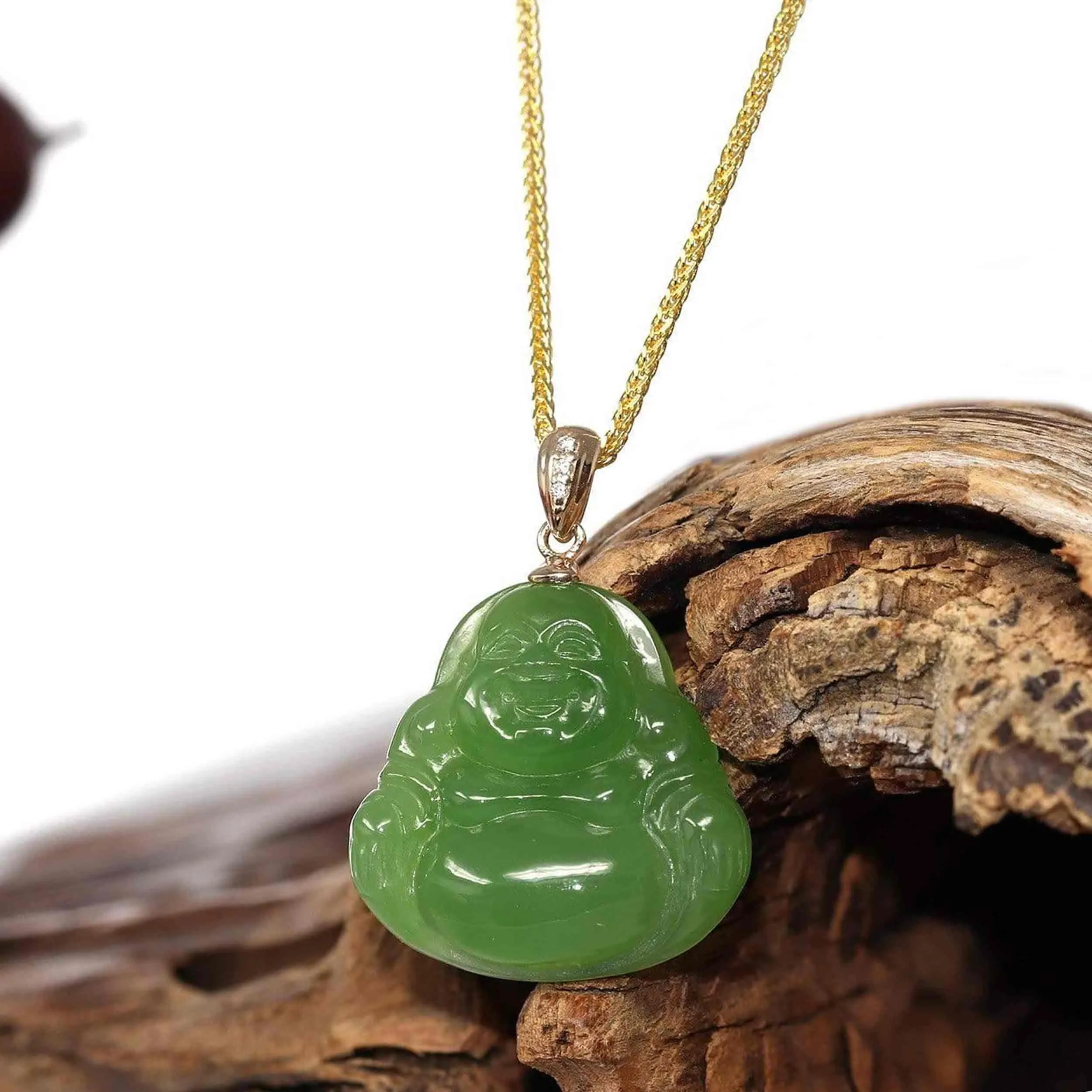 Baikalla™ "Laughing Buddha" 14k Gold Genuine Nephrite Apple Green Jade Pendant Necklace with Diamonds