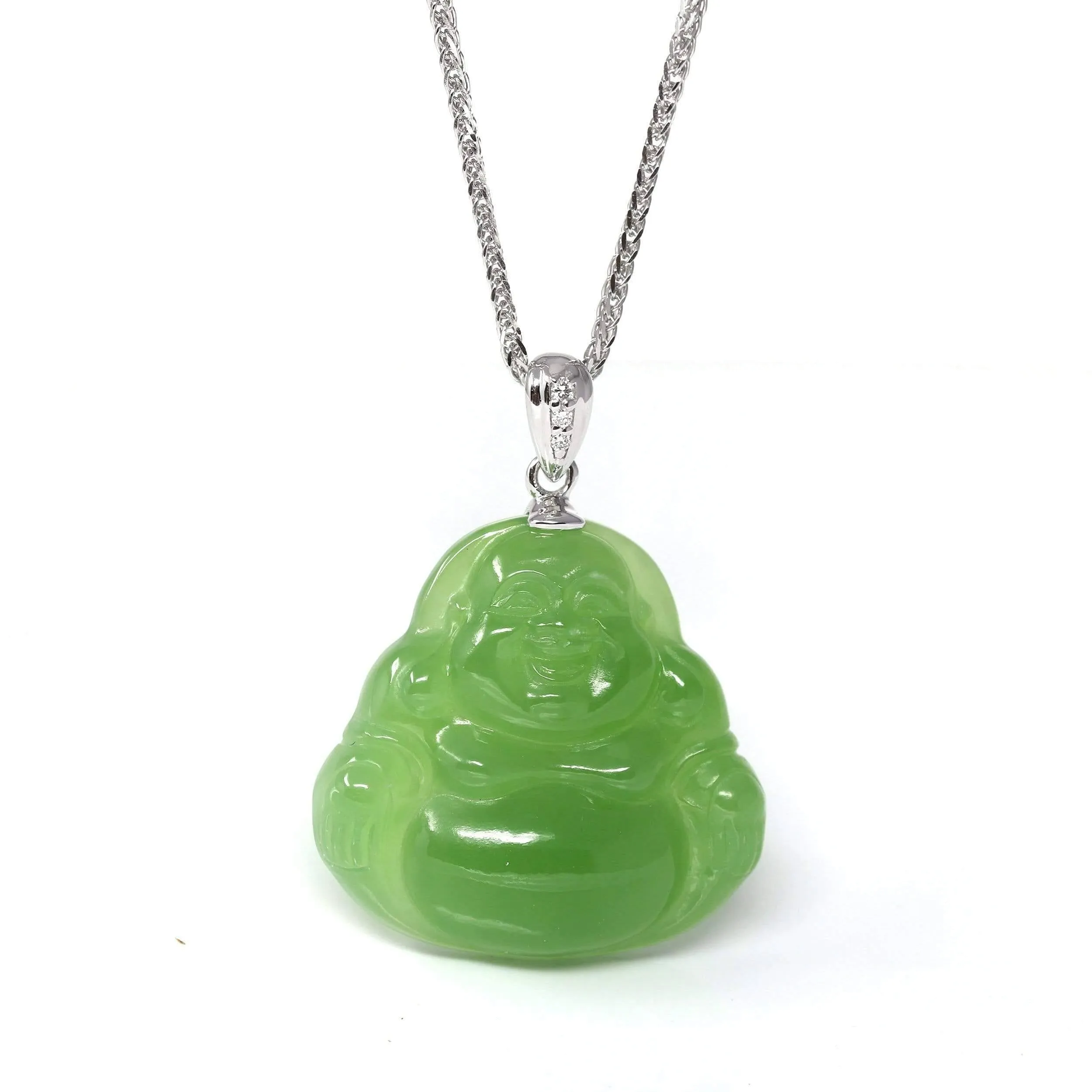 Baikalla™ "Laughing Buddha" 14k Gold Genuine Nephrite Apple Green Jade Pendant Necklace with Diamonds