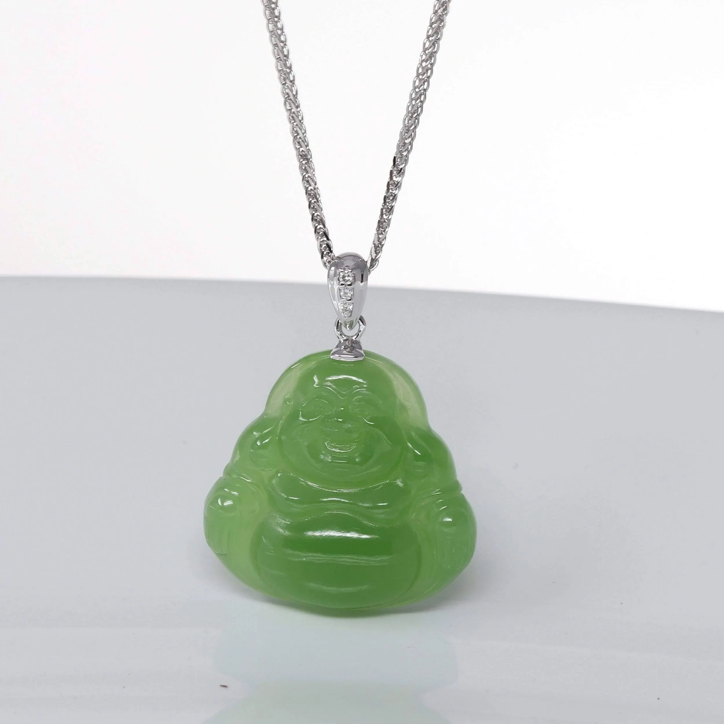 Baikalla™ "Laughing Buddha" 14k Gold Genuine Nephrite Apple Green Jade Pendant Necklace with Diamonds