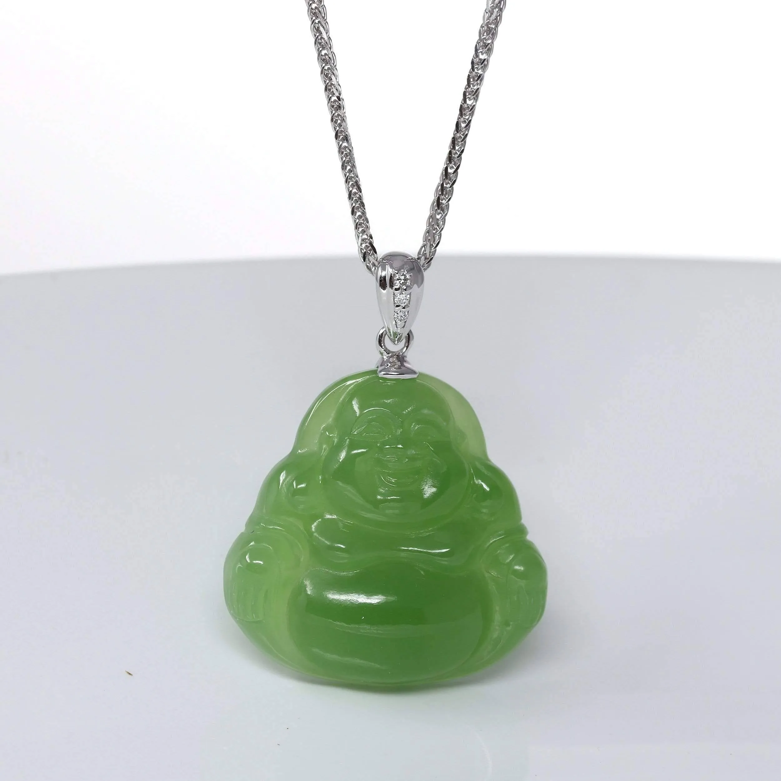 Baikalla™ "Laughing Buddha" 14k Gold Genuine Nephrite Apple Green Jade Pendant Necklace with Diamonds