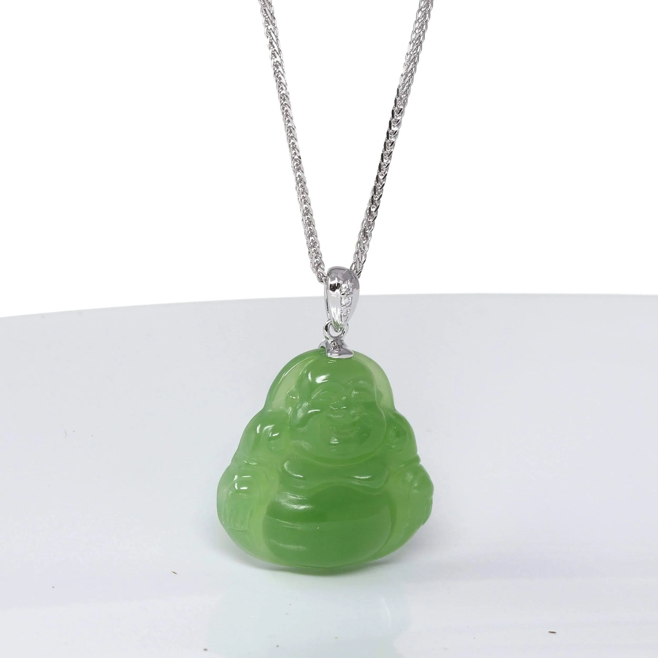 Baikalla™ "Laughing Buddha" 14k Gold Genuine Nephrite Apple Green Jade Pendant Necklace with Diamonds