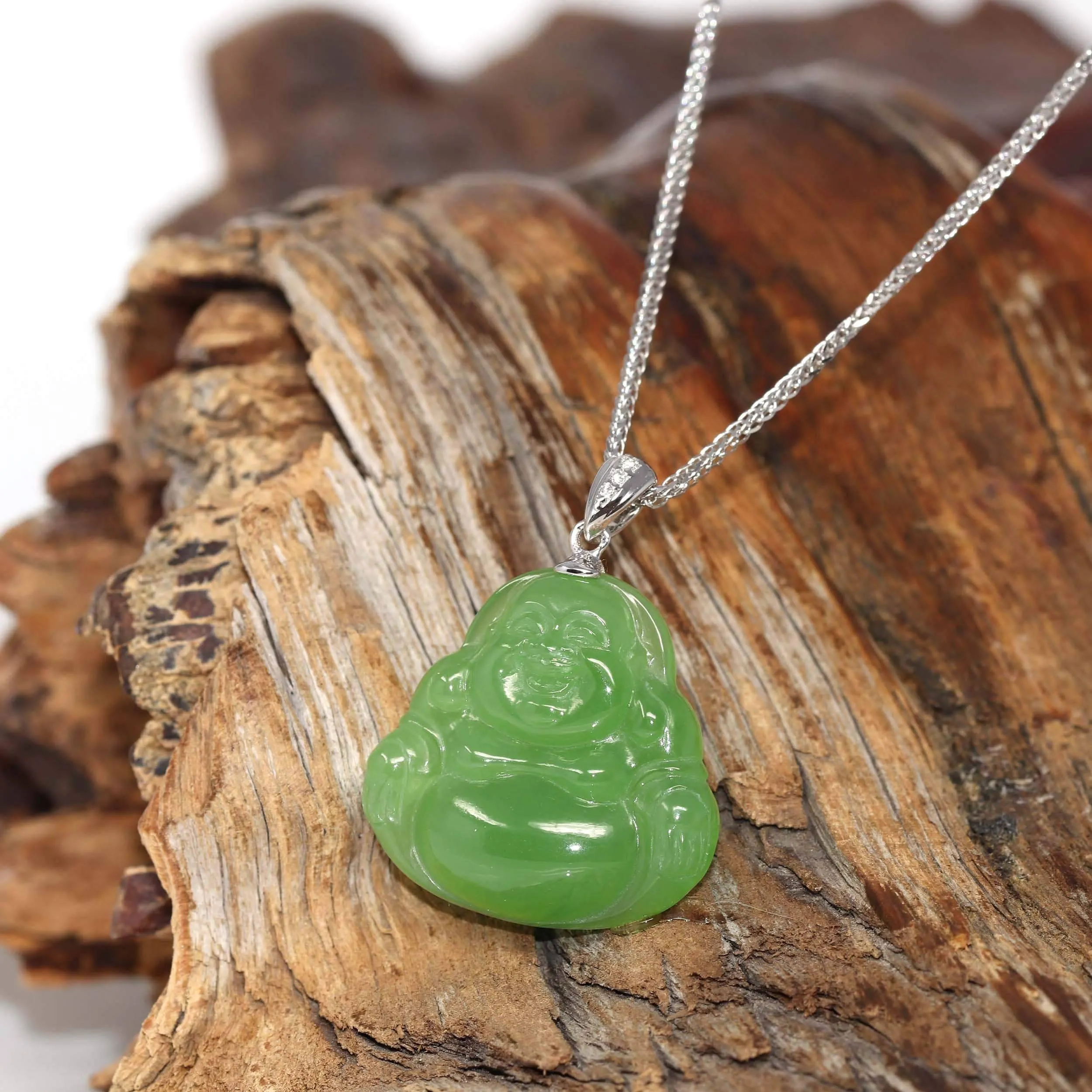 Baikalla™ "Laughing Buddha" 14k Gold Genuine Nephrite Apple Green Jade Pendant Necklace with Diamonds