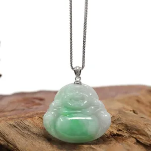 Baikalla™ "Laughing Buddha" Genuine Green Jadeite Buddha Pendant Necklace With 14k White Gold Diamond Bail