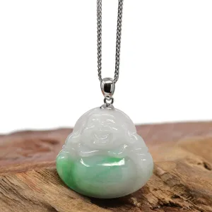 Baikalla™ "Laughing Buddha" Genuine Vibrant Green Jadeite Buddha Pendant Necklace With 14k White Gold Bail