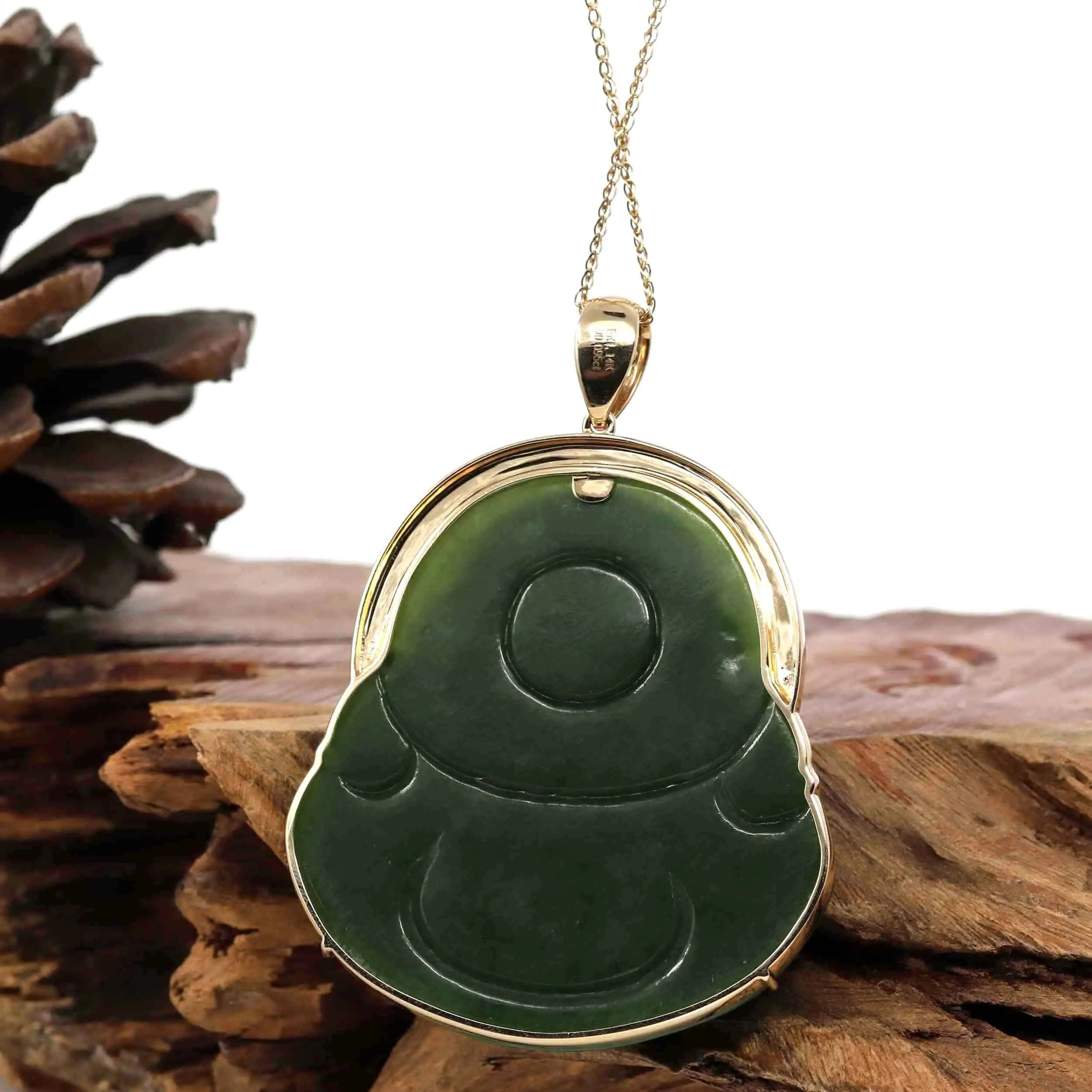 Baikalla™ "Laughing Buddha" Large 14k Yellow Gold Genuine Nephrite Green Jade with Diamonds Buddha Pendant Necklace High-end Collectable