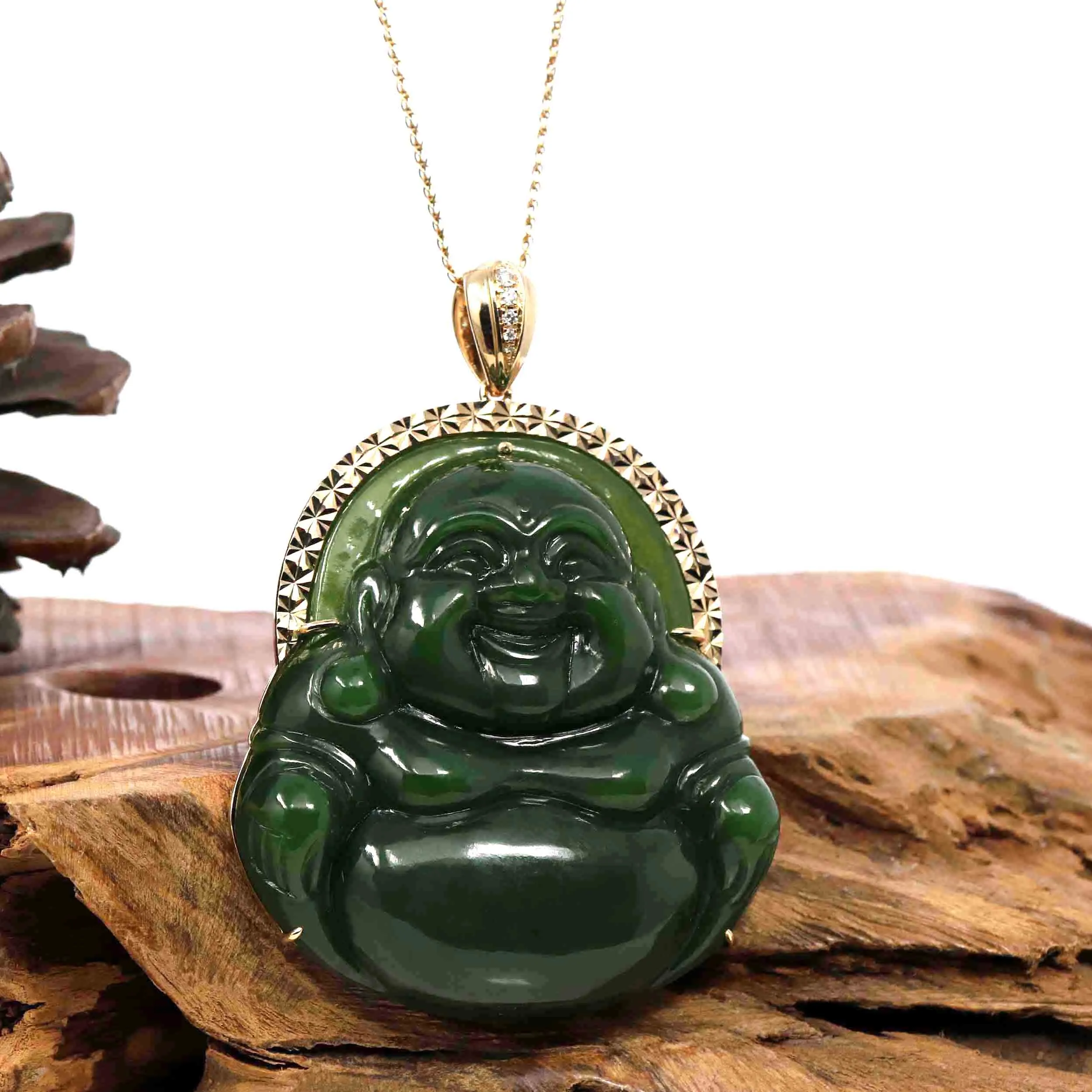 Baikalla™ "Laughing Buddha" Large 14k Yellow Gold Genuine Nephrite Green Jade with Diamonds Buddha Pendant Necklace High-end Collectable