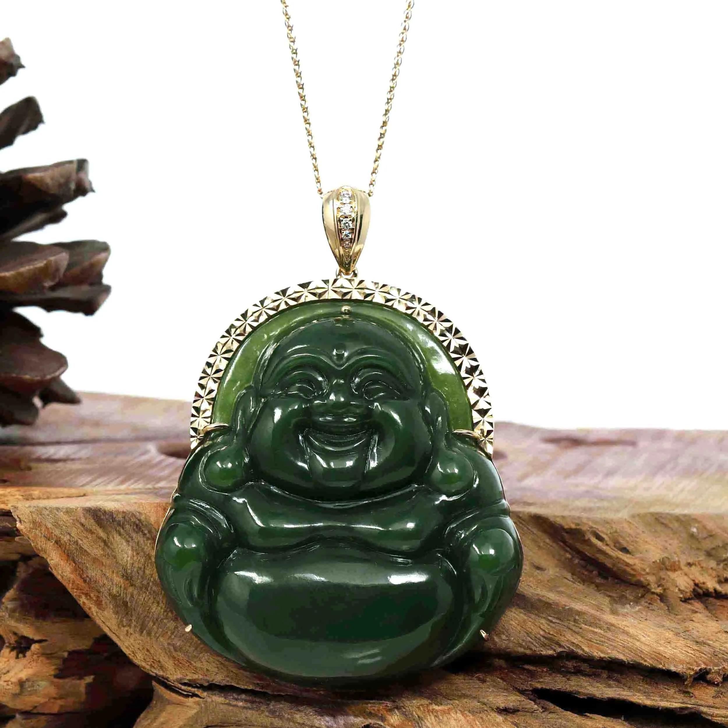 Baikalla™ "Laughing Buddha" Large 14k Yellow Gold Genuine Nephrite Green Jade with Diamonds Buddha Pendant Necklace High-end Collectable