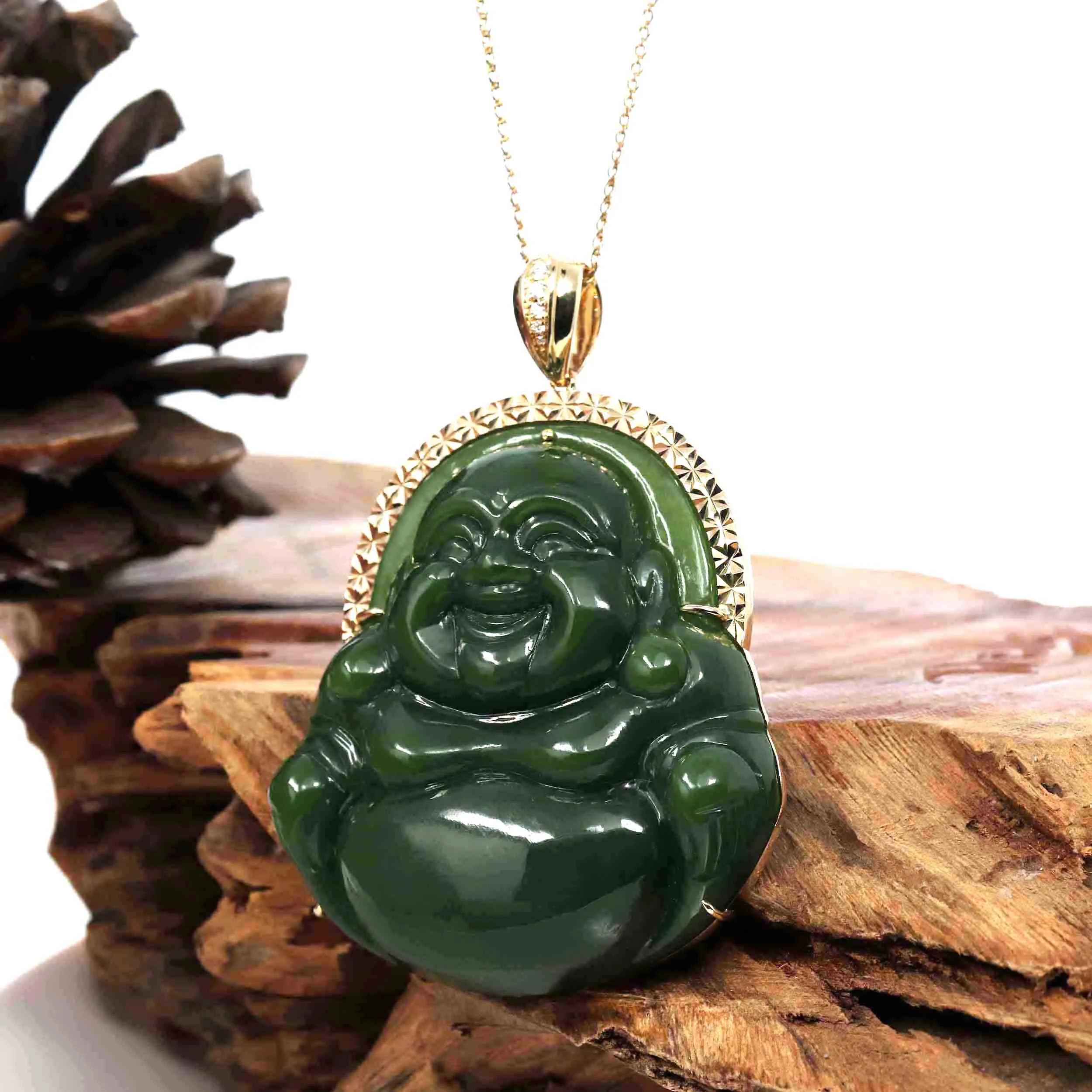 Baikalla™ "Laughing Buddha" Large 14k Yellow Gold Genuine Nephrite Green Jade with Diamonds Buddha Pendant Necklace High-end Collectable