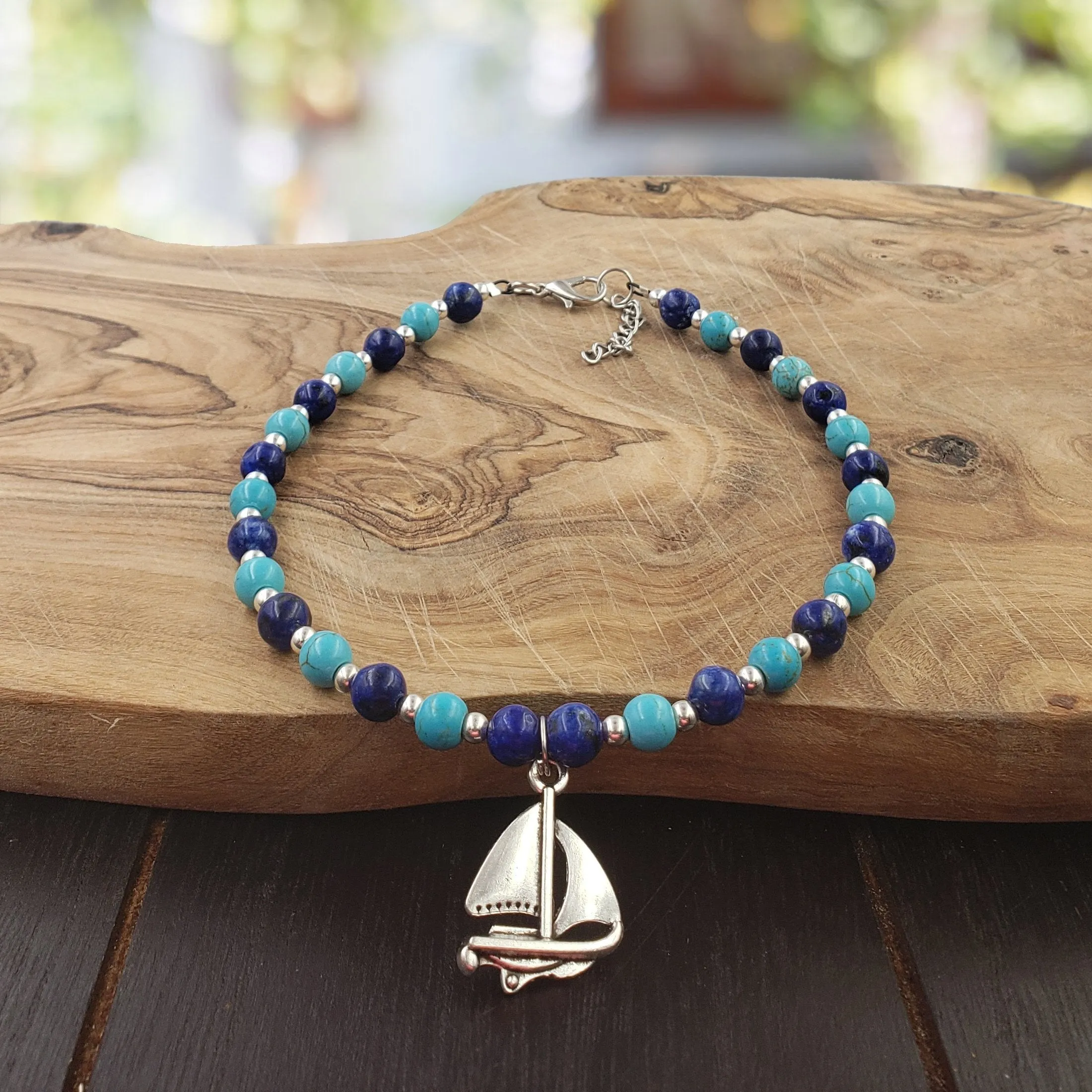 BESHEEK Aqua and royal Blue turquoise Sailing Boat Bracelet| Handmade Hypoallergenic Boho Beach Gala Wedding Style Jewelry