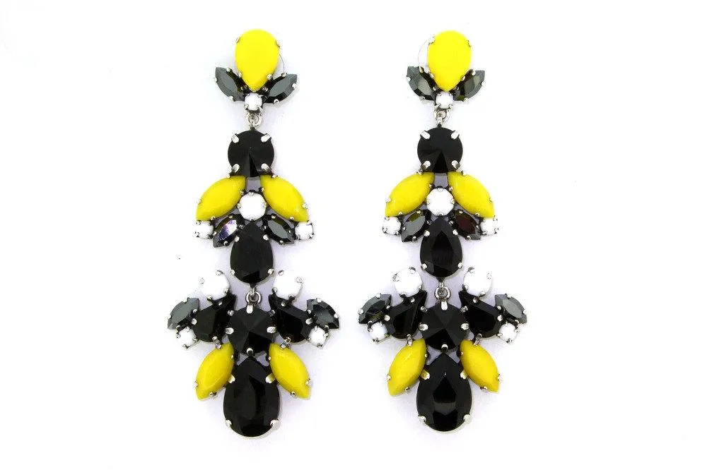 Black and Yellow Glass and Crystal Chandelier Pierced Earrings by Frangos