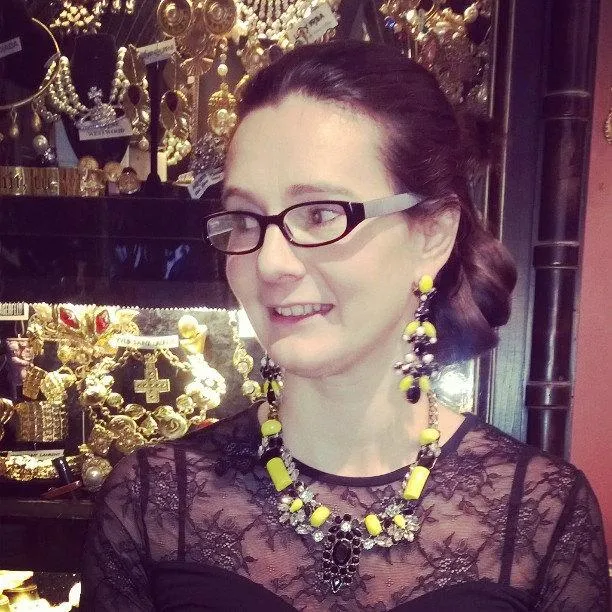 Black and Yellow Glass and Crystal Chandelier Pierced Earrings by Frangos