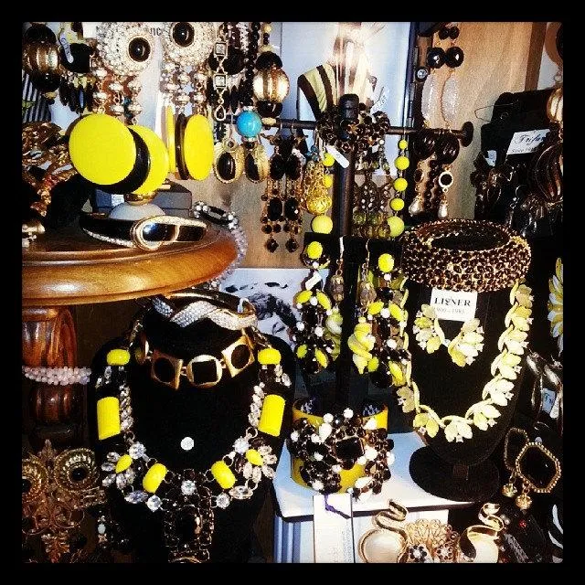 Black and Yellow Glass and Crystal Chandelier Pierced Earrings by Frangos